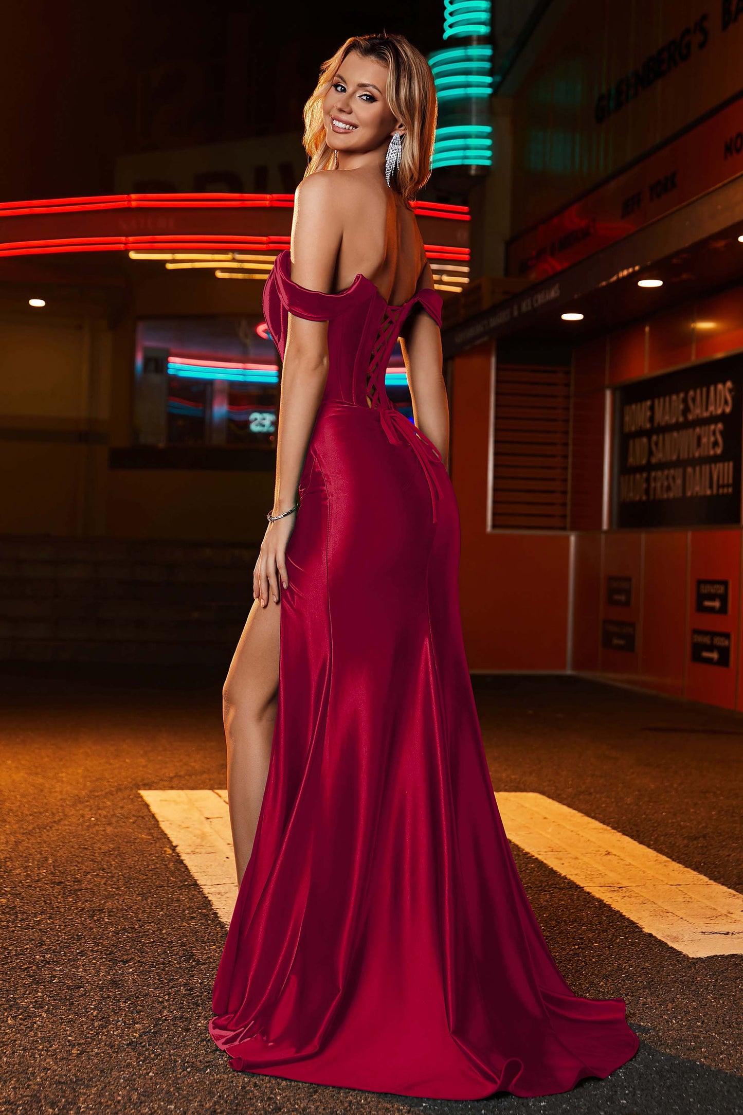 Off Shoulder Pleated Sweep Train Gown With Slit