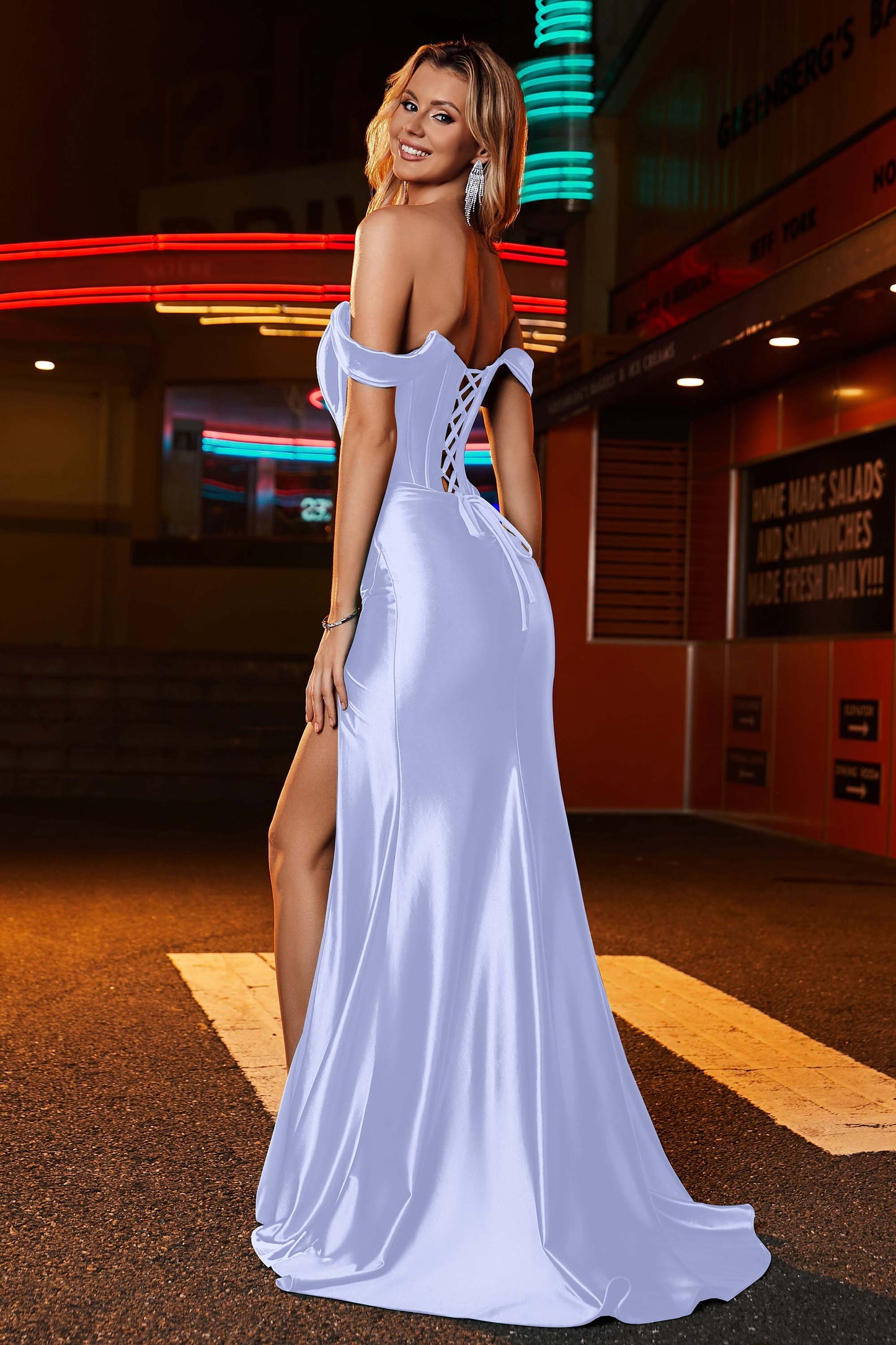 Off Shoulder Pleated Sweep Train Gown With Slit