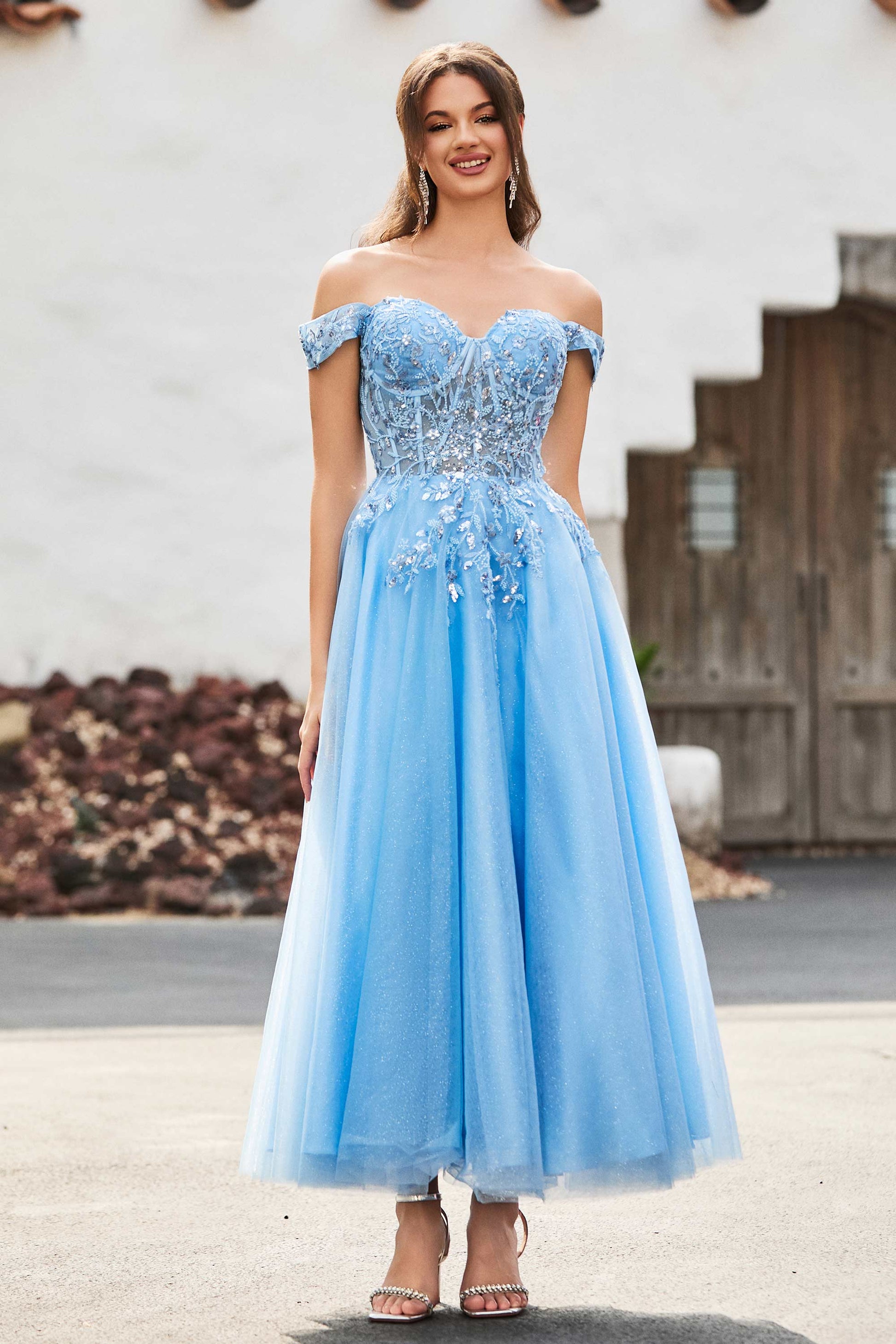 Duntery Tea-Length A-Line Tulle Off-the-Shoulder Dress Dusty-Sage