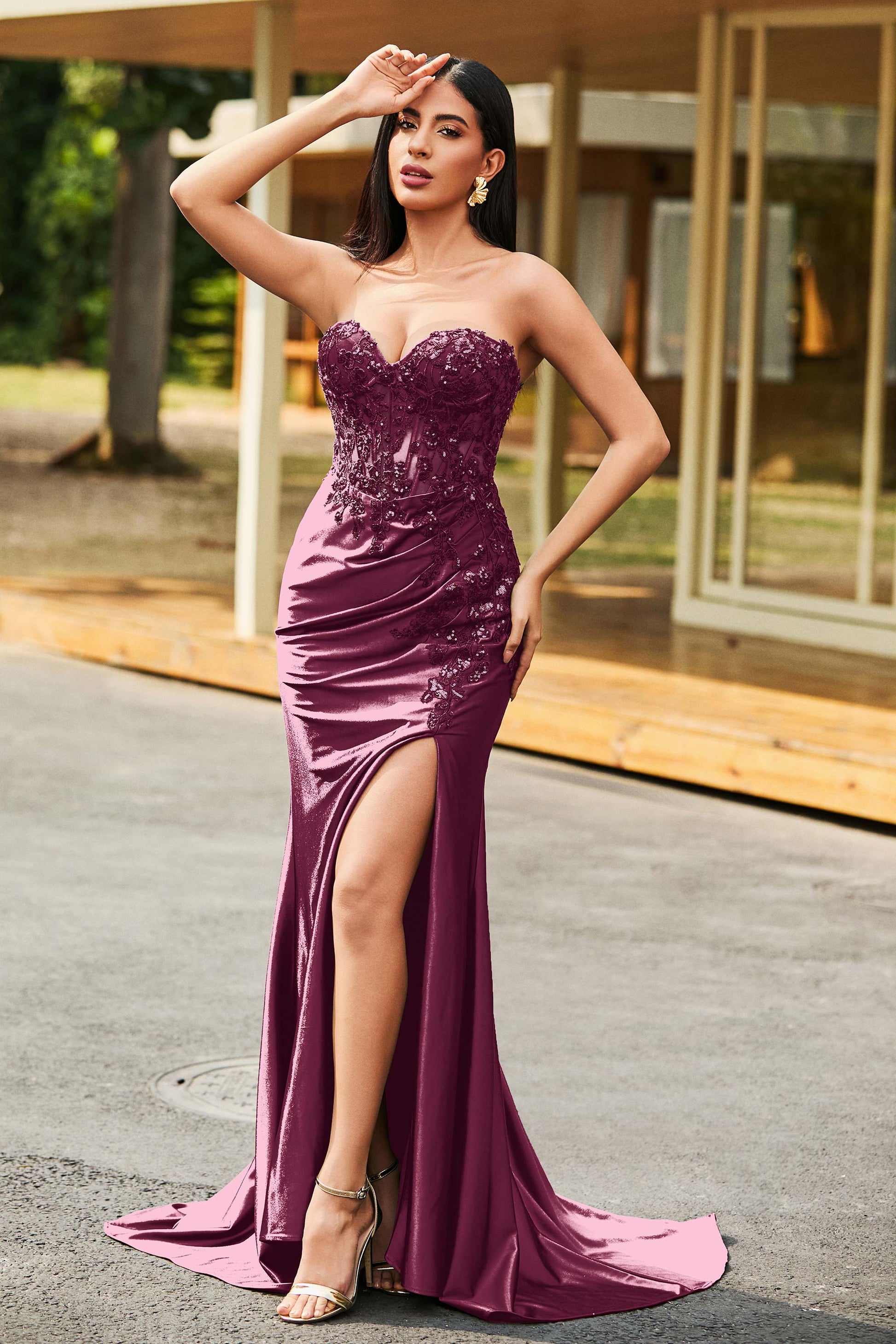 corset top party dress Duntery Sweetheart Corset Top Prom Dress With Slit, Mulberry
