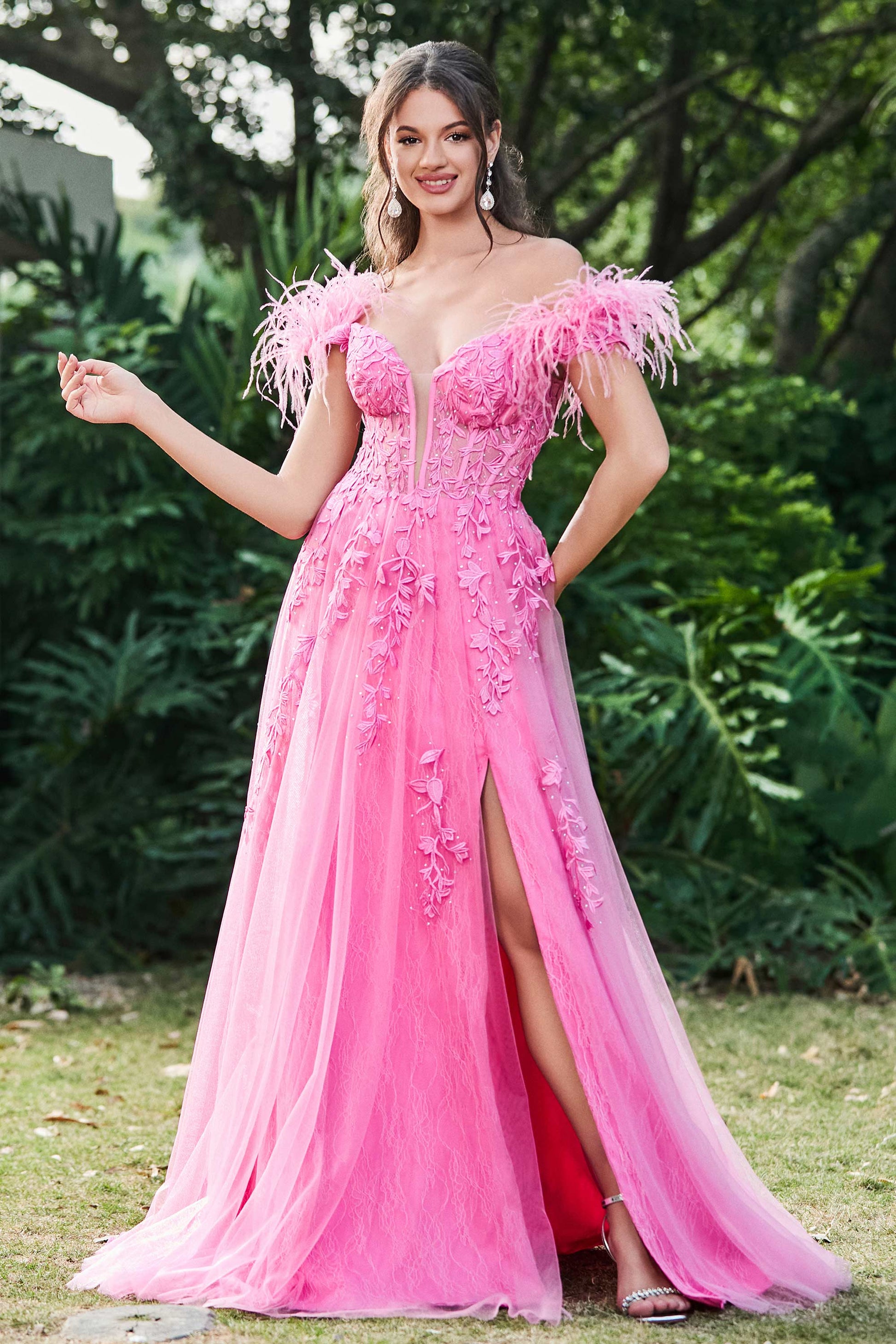 feather off shoulder dress Cecilia Couture 2530 Feather Off Shoulder Overskirt Beaded Slit Prom Dress Pageant Gown 0 / Red