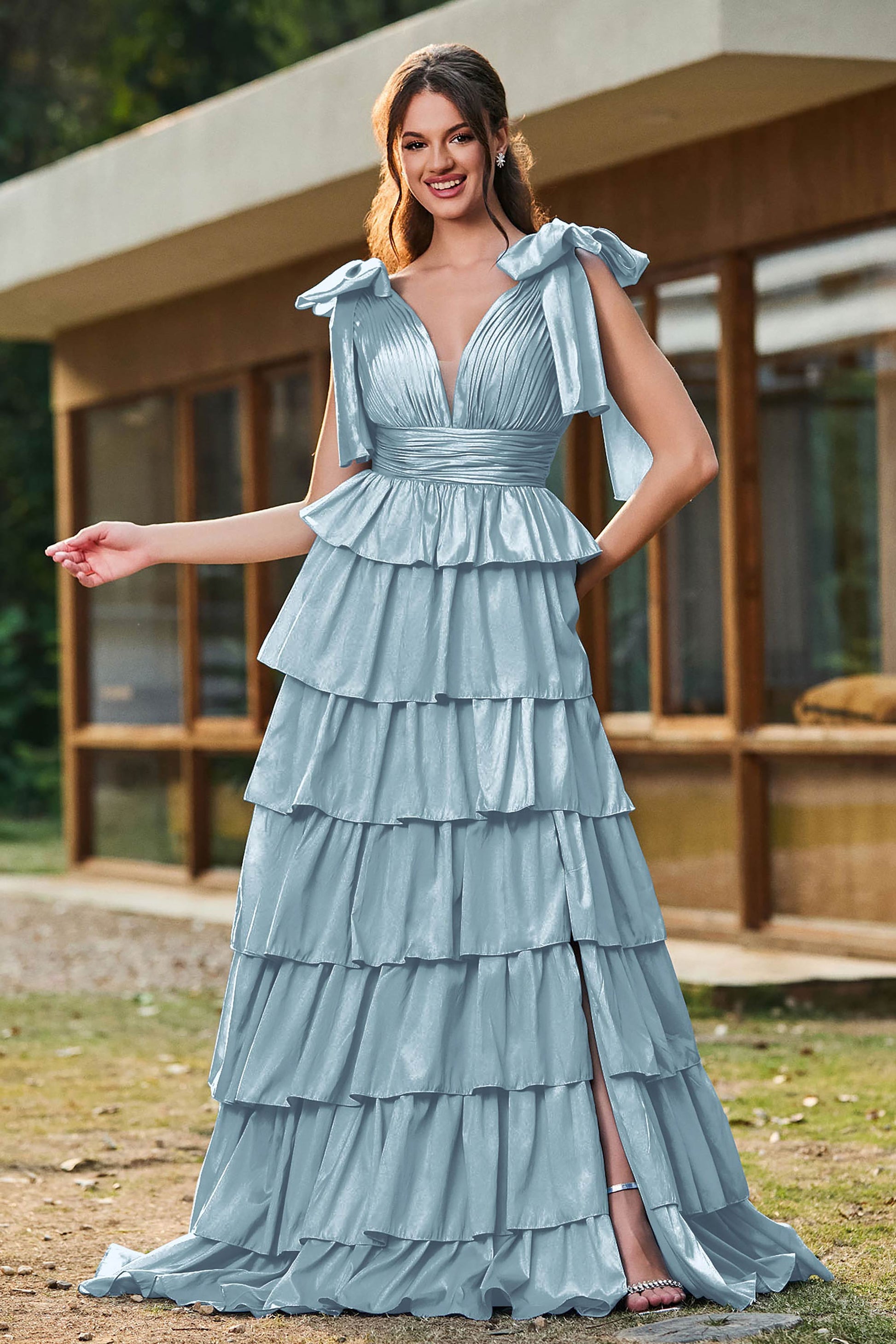 Plunging V-neck Taffeta Tiered Gown With Slit – DUNTERY