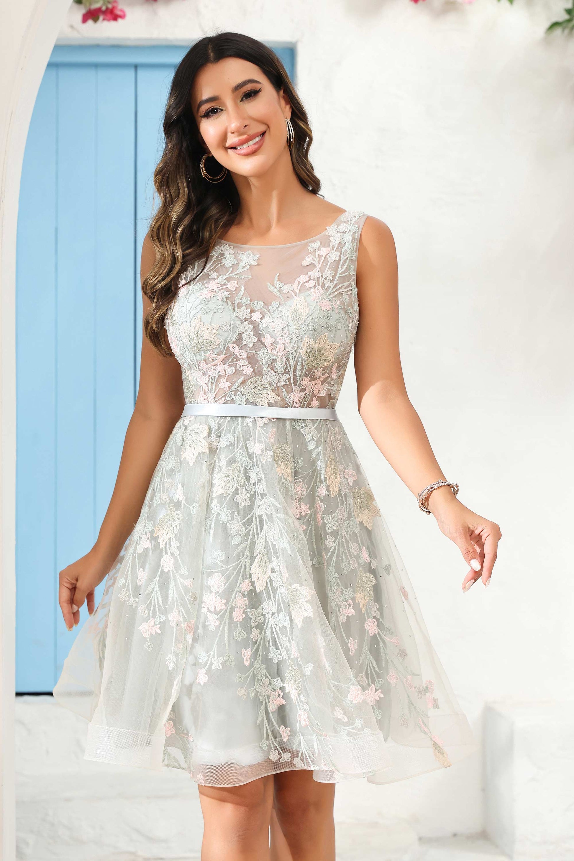 floral tulle mini dress Victoria Mini Dress in Blue | Floral Appliqu Embroidered Tulle