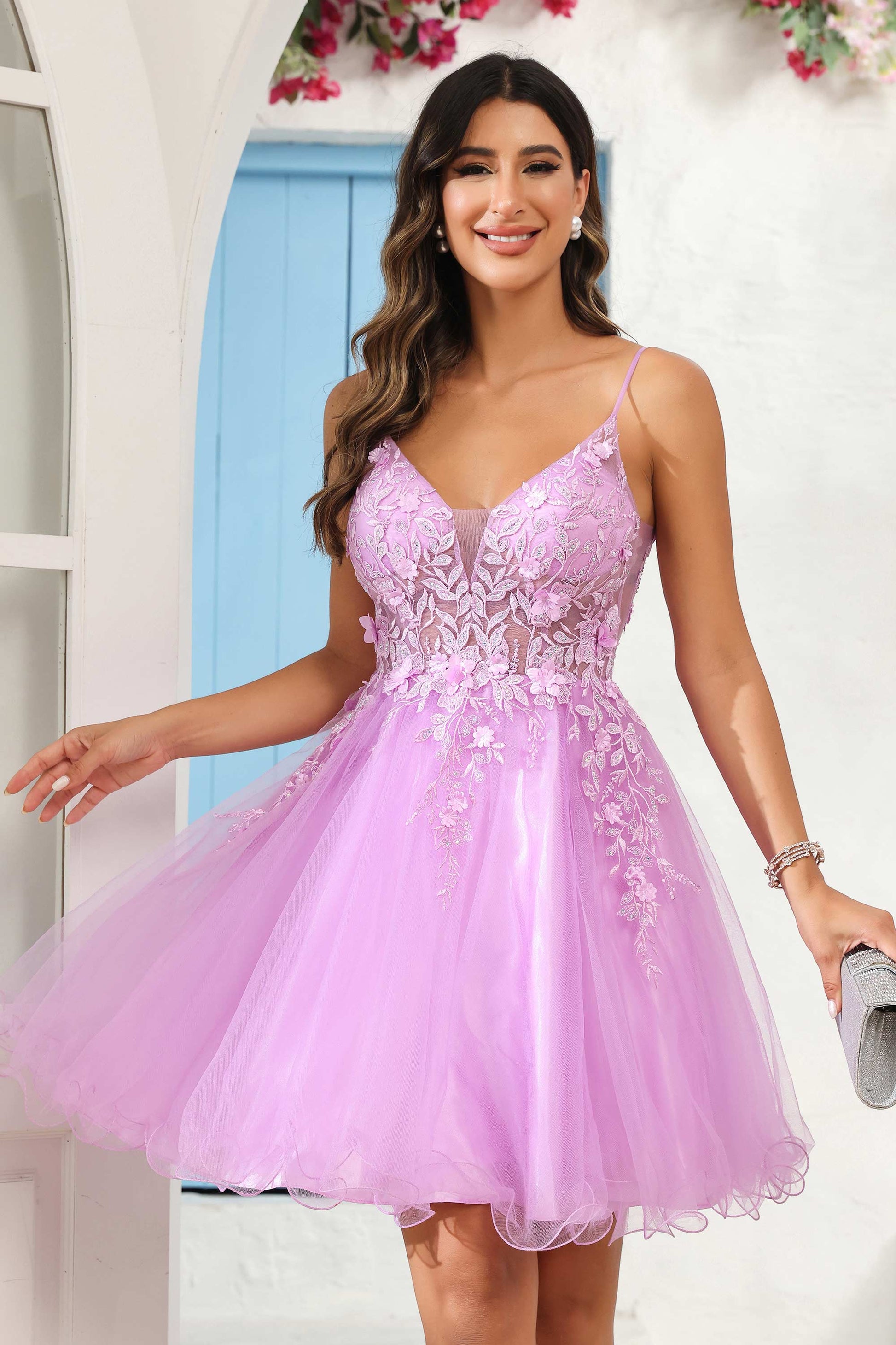 Beaded See-through Applique V Neck Tulle Mini Dress DUNTERY Beaded See-through Applique V Neck Tulle Mini Dress DUNTERY