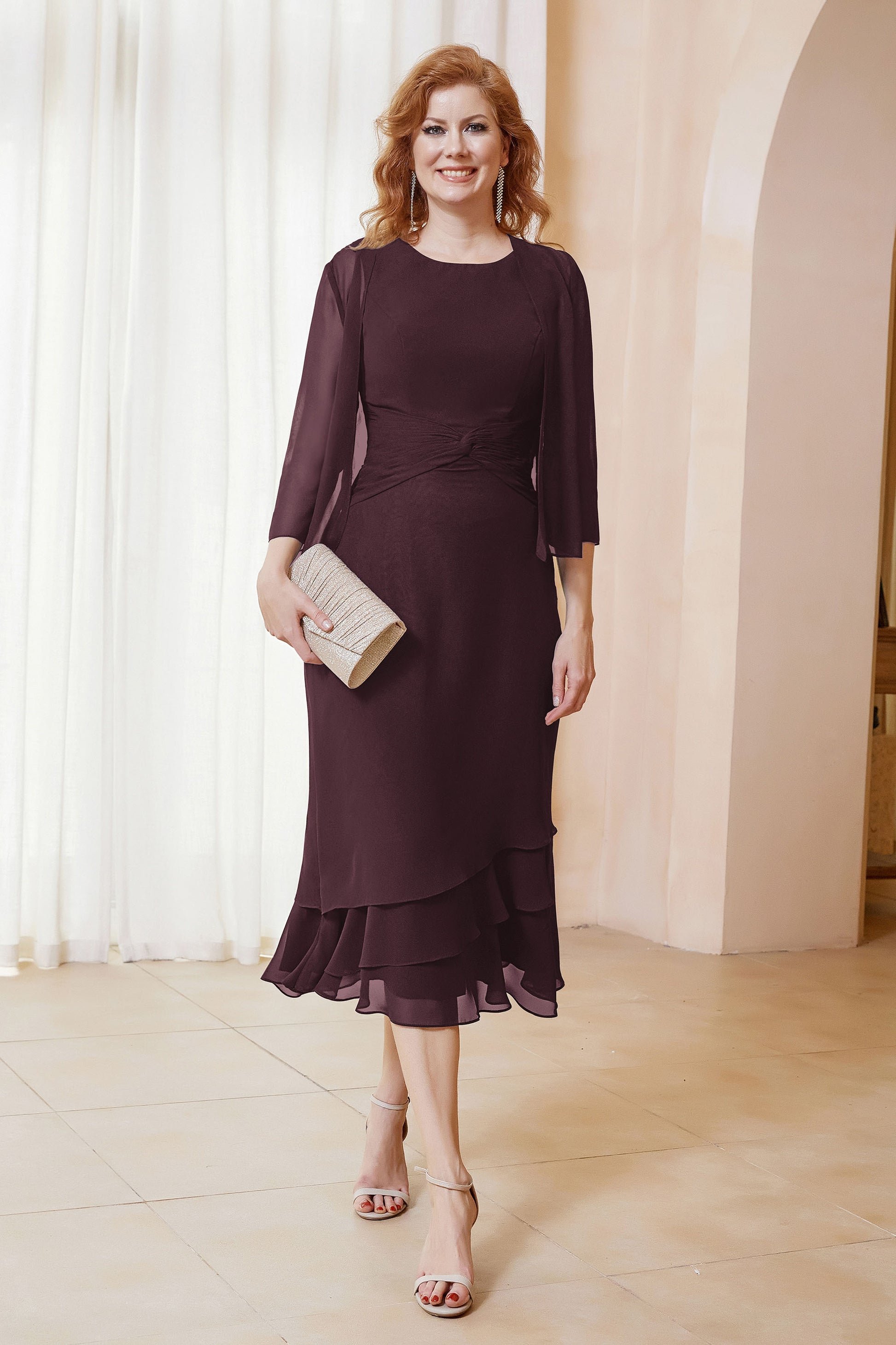 Duntery Ruffles Chiffon Tea-Length Dress with Jacket, Fuchsia Duntery Ruffles Chiffon Tea-Length Dress with Jacket, Fuchsia