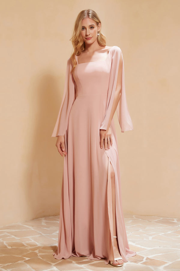 Scoop Flutter Sleeves Chiffon A-line Maxi Dresses with Slit Lemon