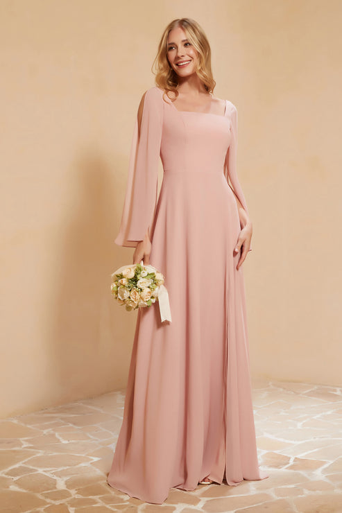 Scoop Flutter Sleeves Chiffon A-line Maxi Dresses with Slit Turquoise