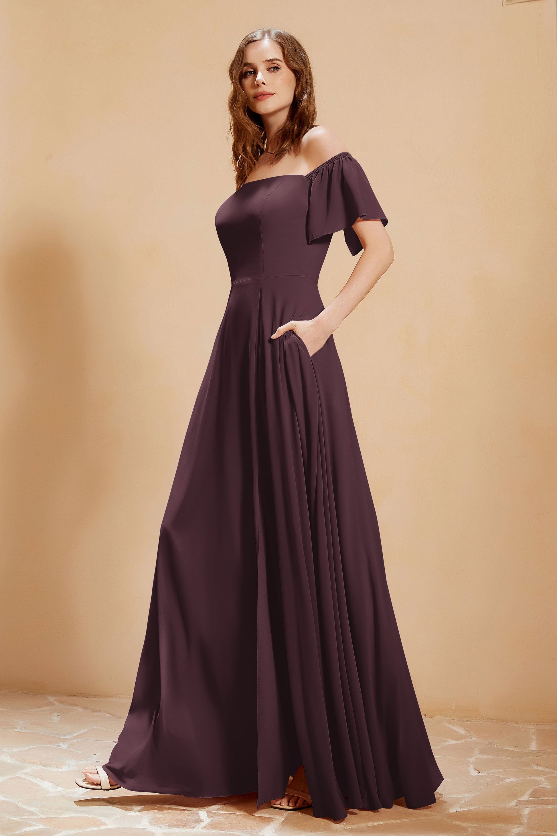 Duntery Off-the-Shoulder Chiffon Dress With Slit, Chocolate Duntery Off-the-Shoulder Chiffon Dress With Slit, Chocolate