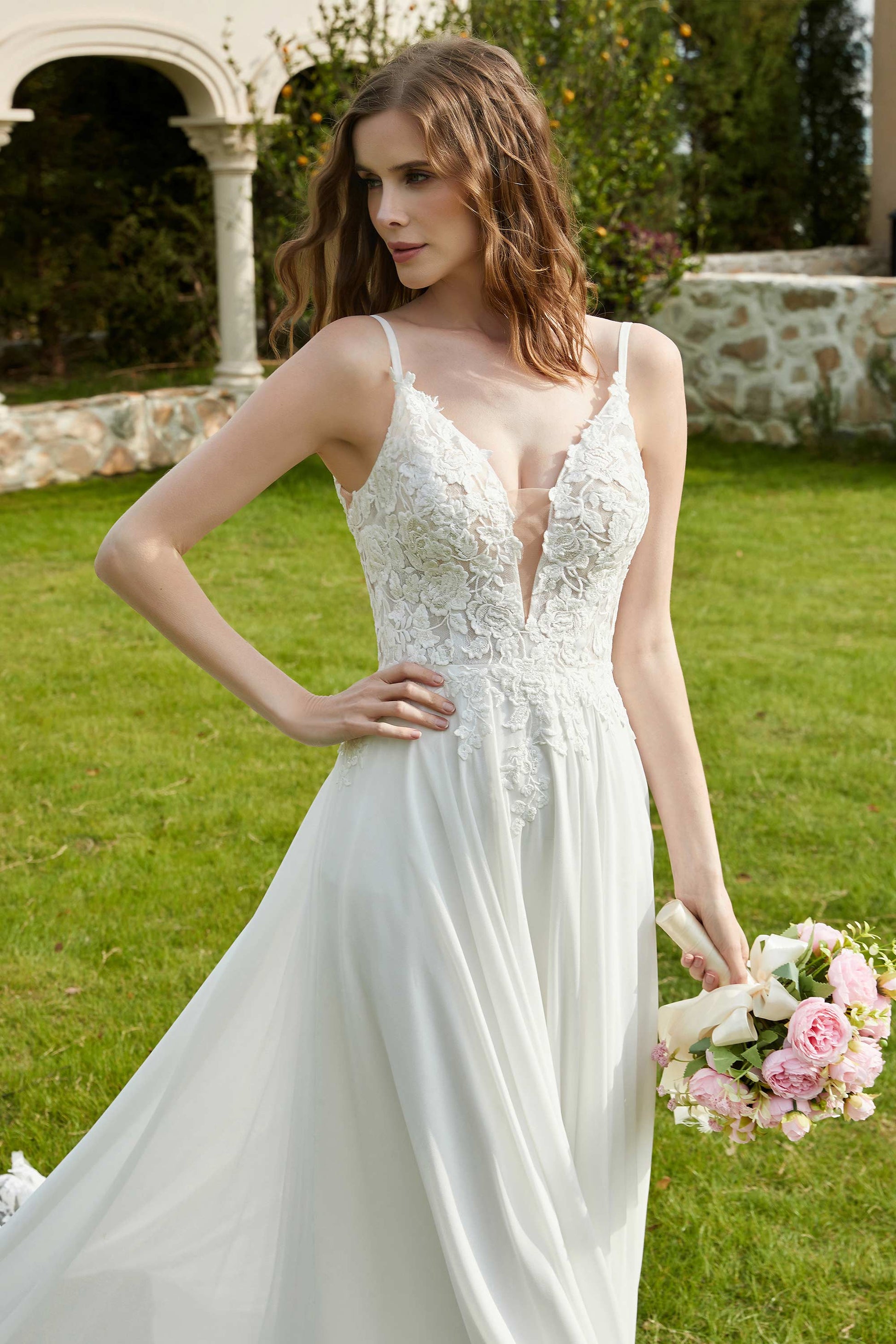 Plunging V-neck Chiffon Wedding Dress – DUNTERY