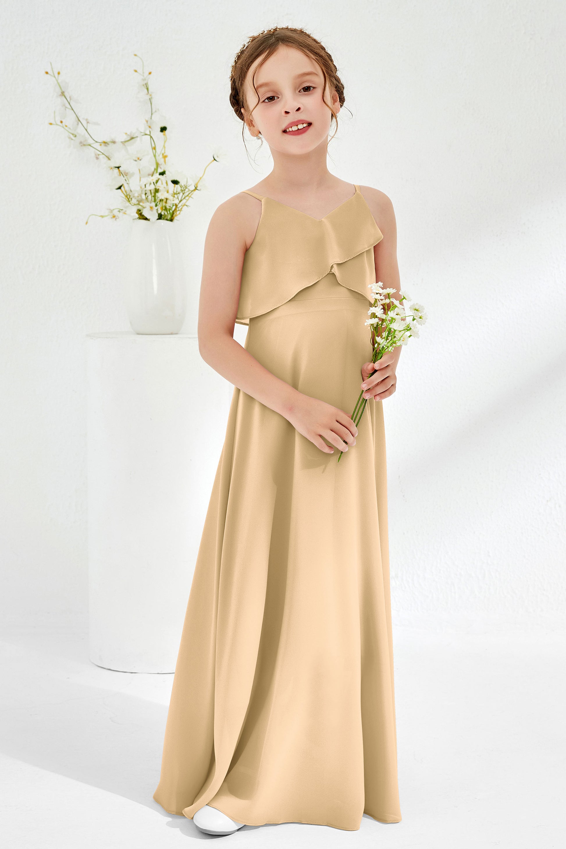 Ruched Ruffles Simple V-neck Junior Bridesmaid Dress – DUNTERY