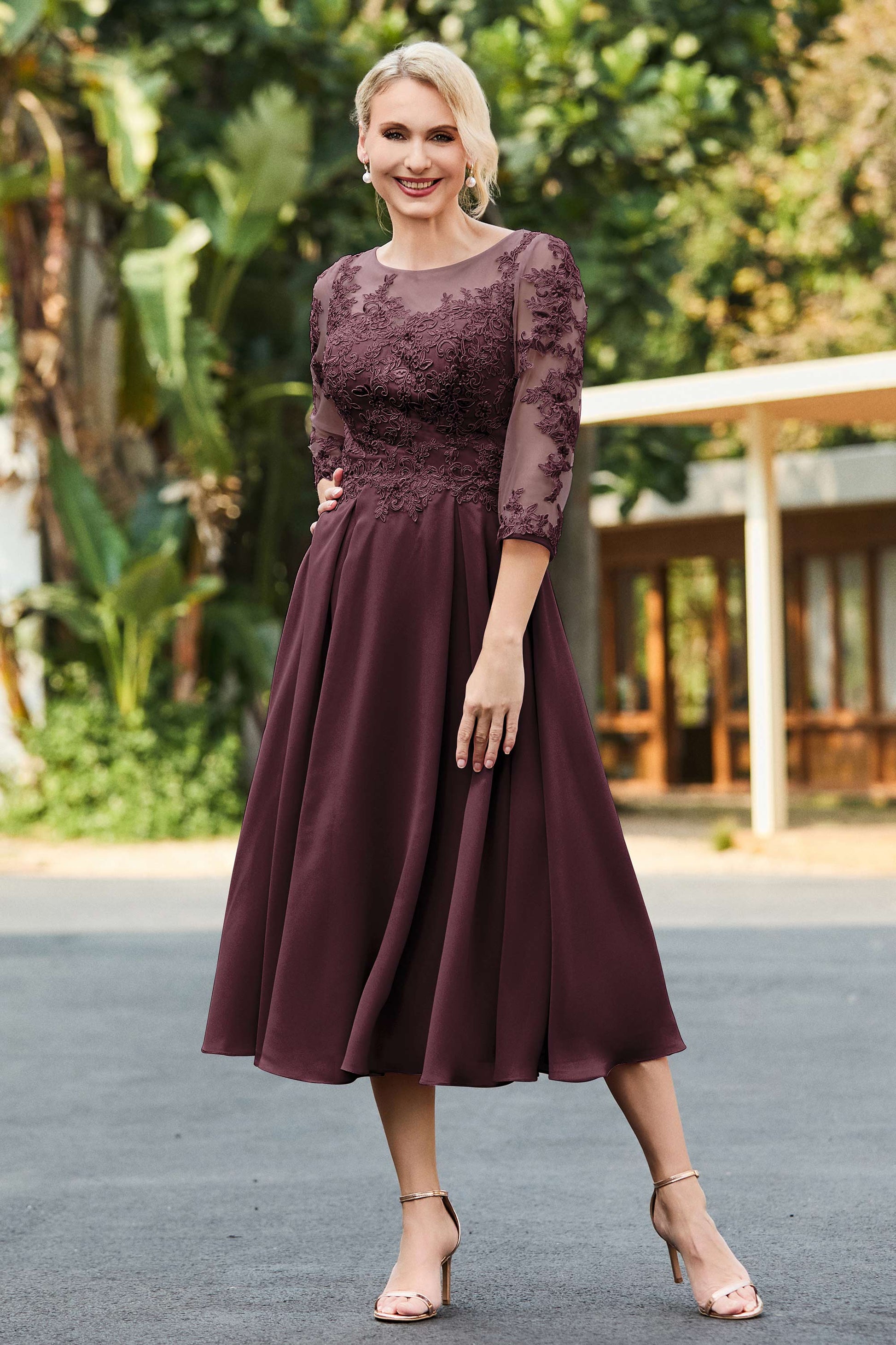 Duntery Illusion Neck 3/4 Sleeves Tea-Length Ruched Dress, Peacock Duntery Illusion Neck 3/4 Sleeves Tea-Length Ruched Dress, Peacock
