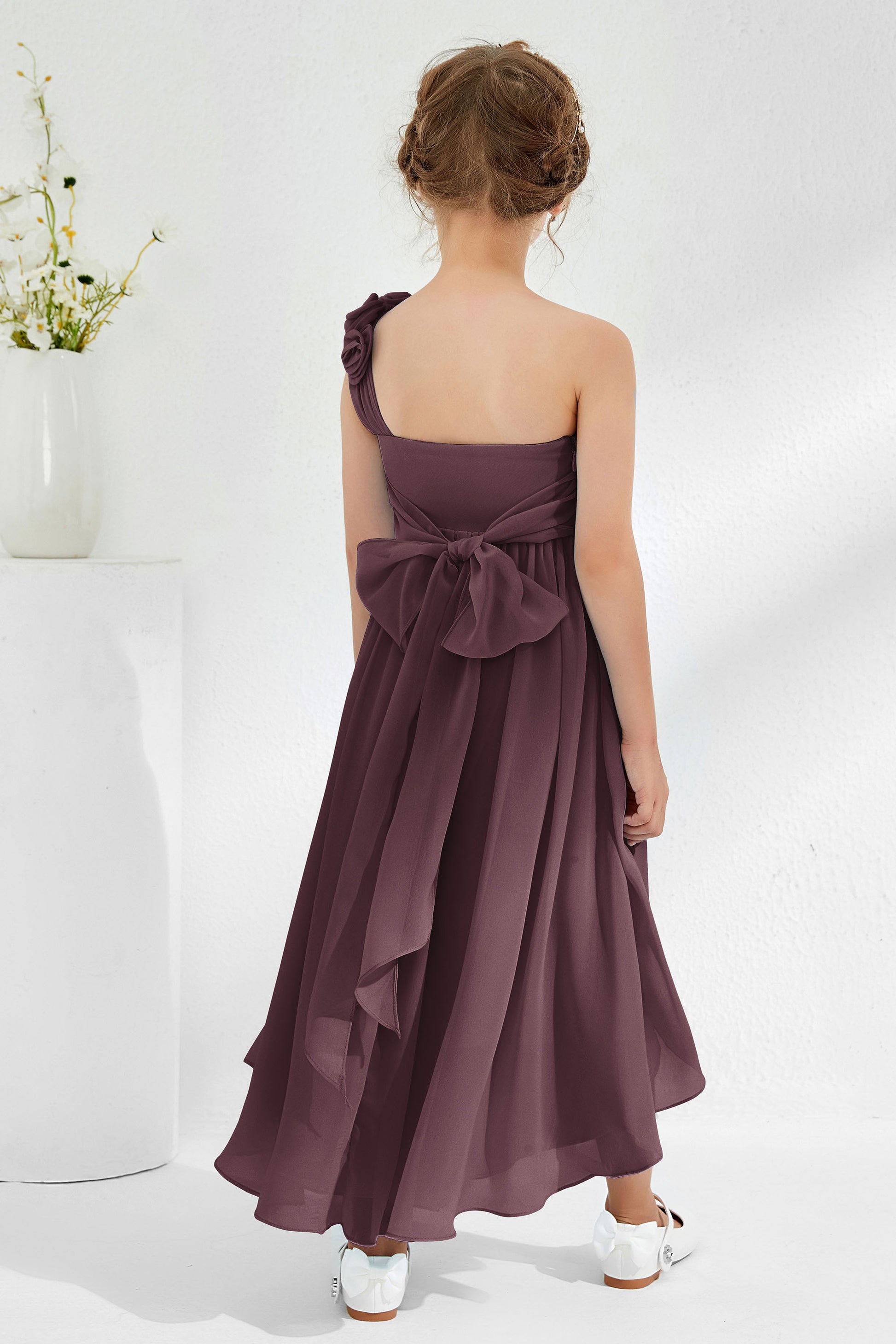 Duntery Floral One Shoulder Asymmetrical Junior Bridesmaid Dress, Brown Duntery Floral One Shoulder Asymmetrical Junior Bridesmaid Dress, Brown