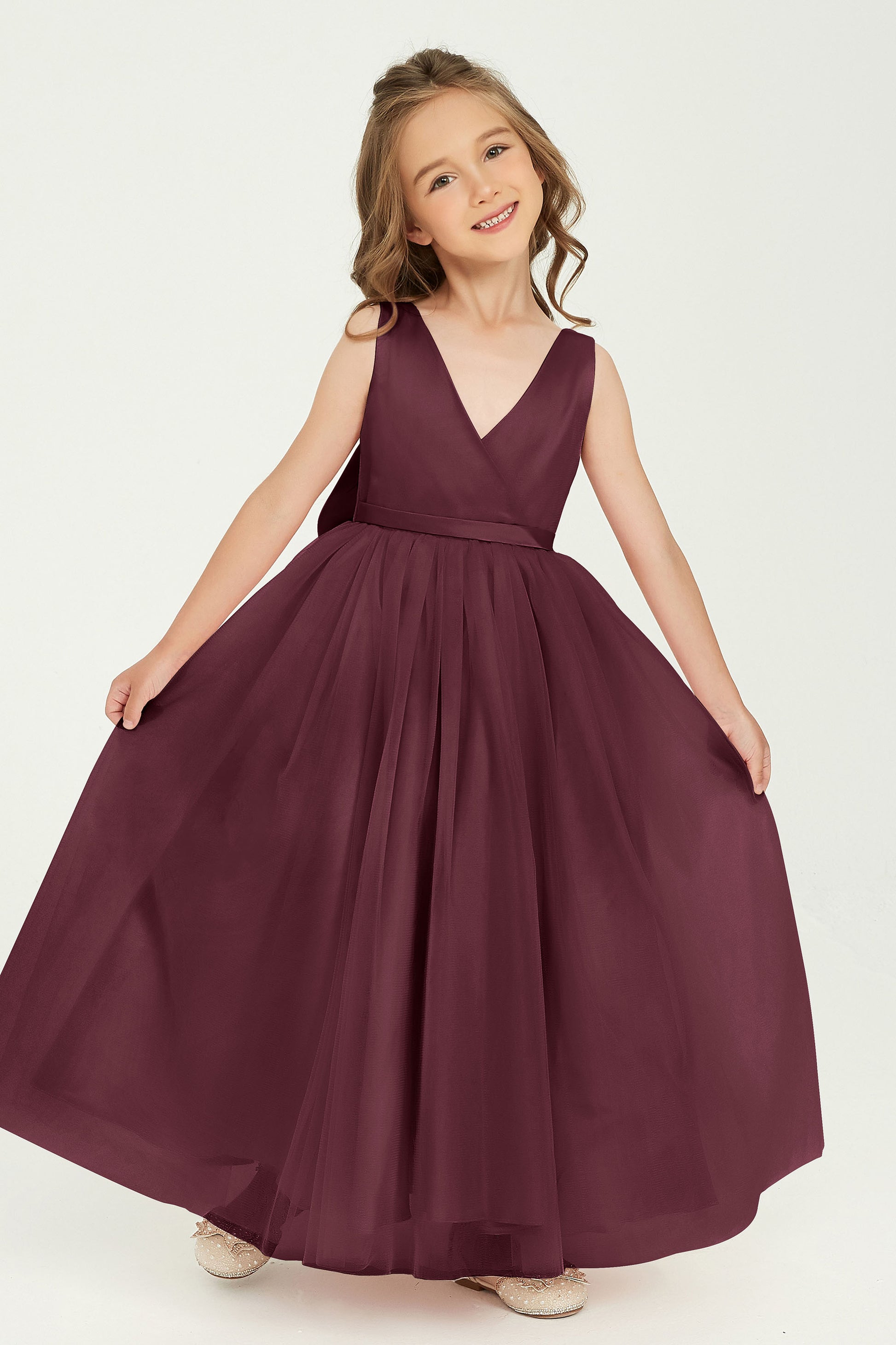Duntery Long Satin Tulle Junior Bridesmaid Dress Open Back V-Neck, Mulberry Duntery Long Satin Tulle Junior Bridesmaid Dress Open Back V-Neck, Mulberry