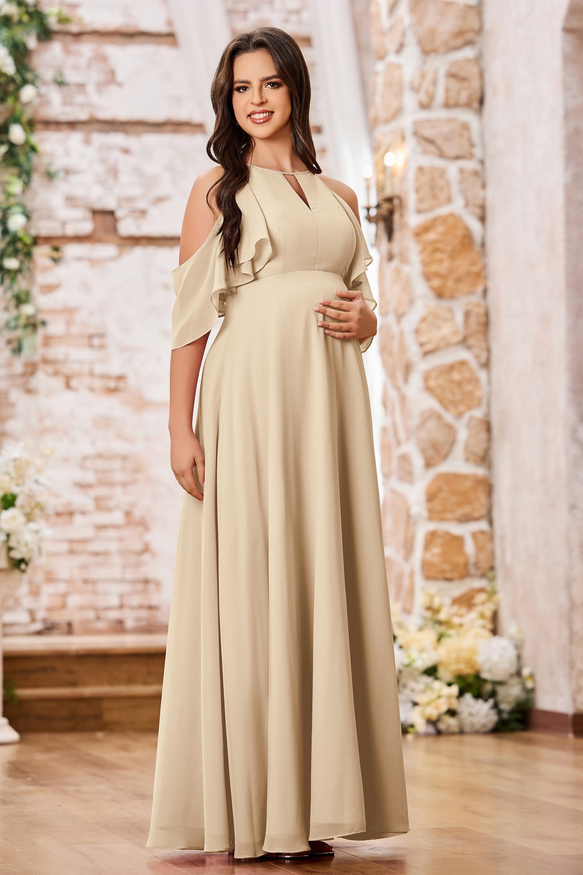 champagne maternity dress Champagne Coast Maternity Strappy Cowl Satin Bridesmaid Maxi Dress