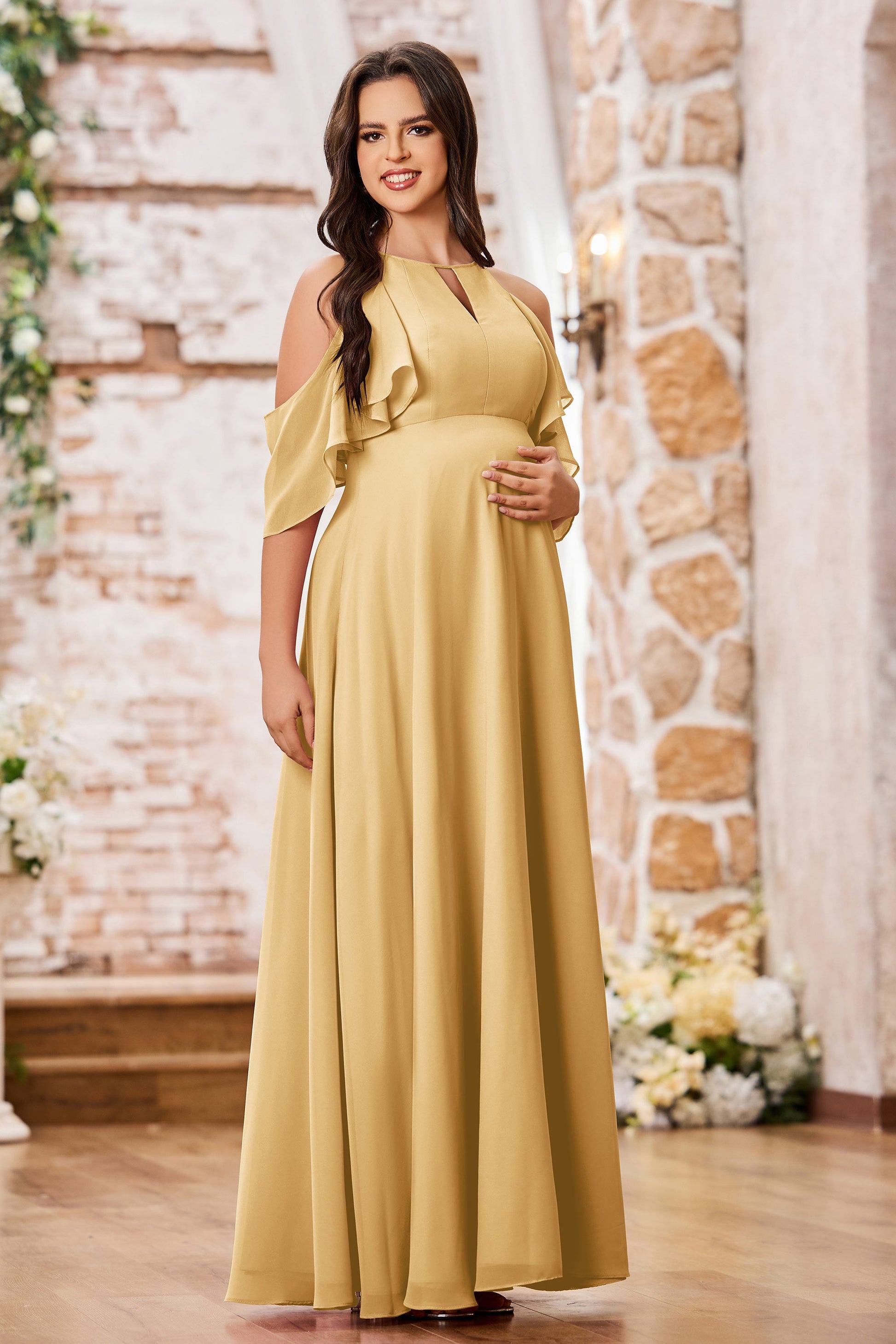 Flutter Sleeves Chiffon Empire Long Maternity Dresses – DUNTERY