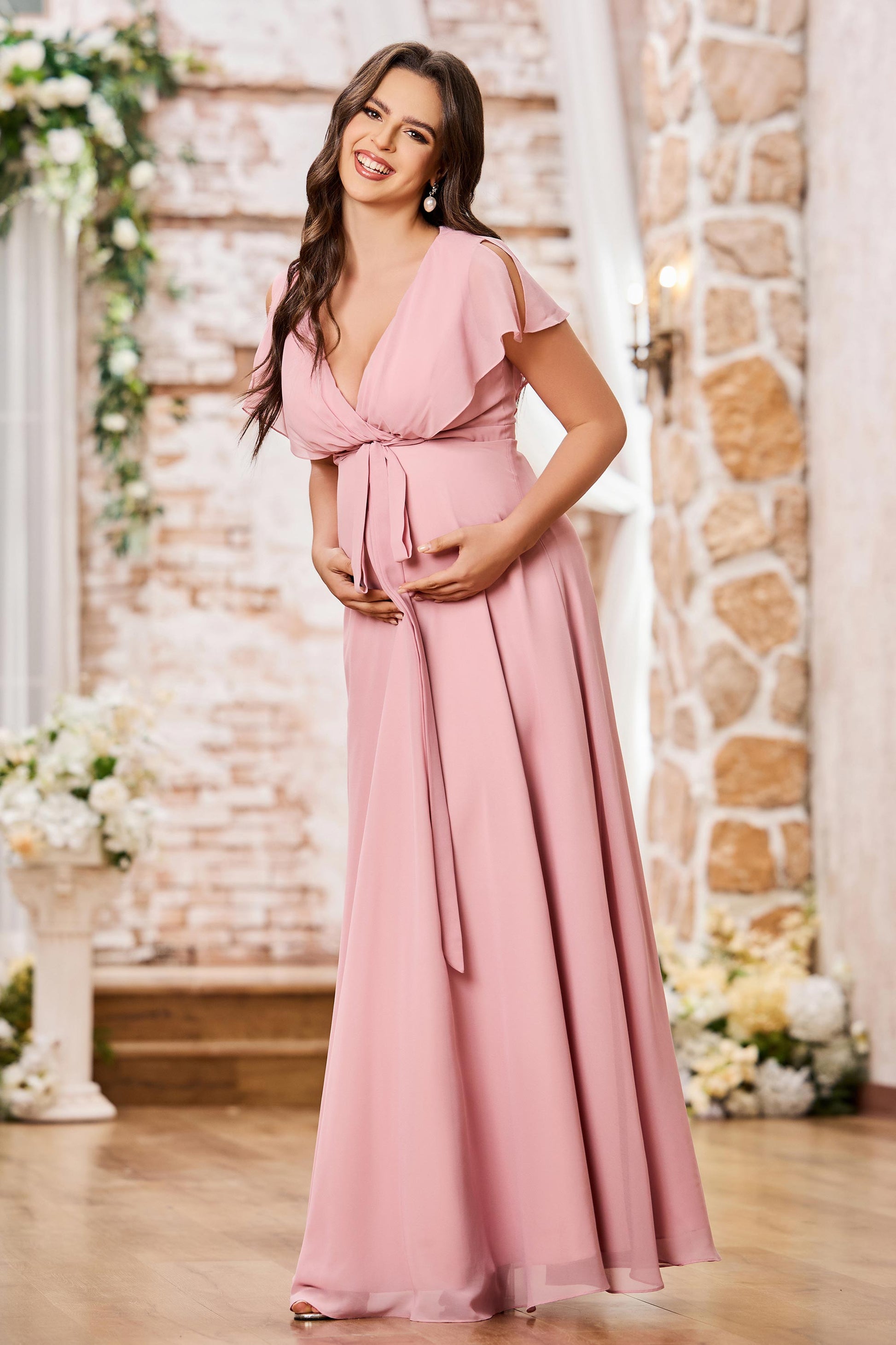 Flutter Sleeves V-neck Chiffon Empire Maternity Dresses – DUNTERY