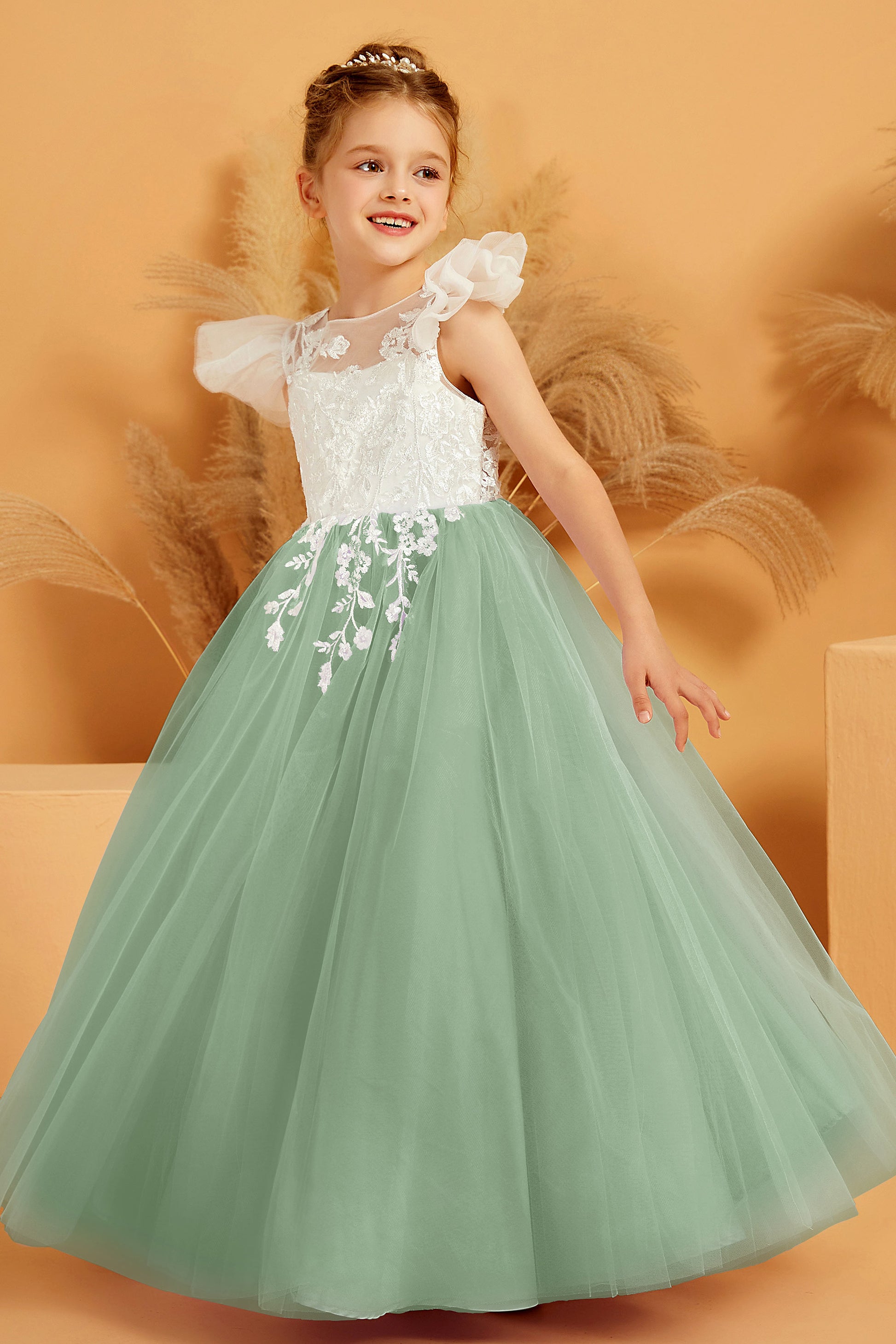 Champagne Flower Girl Dresses Olive Green Duntery Playful Sleeves Applique Tulle Flower Girl Dress, Dusty-Sage Champagne Flower Girl Dresses Olive Green Duntery Playful Sleeves Applique Tulle Flower Girl Dress, Dusty-Sage