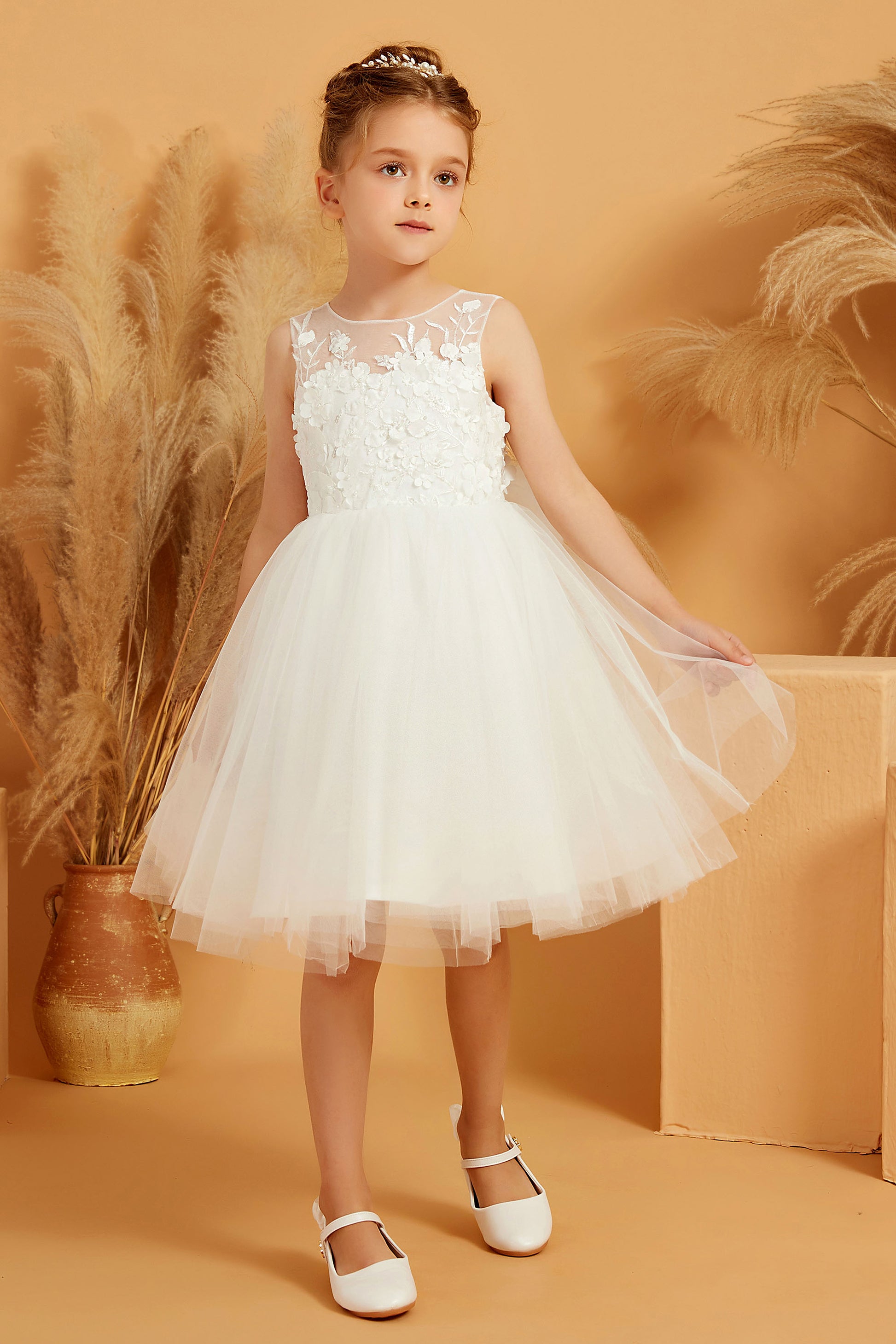 Illusion Neck Tulle Knee-Length Flower Girl Dress – DUNTERY
