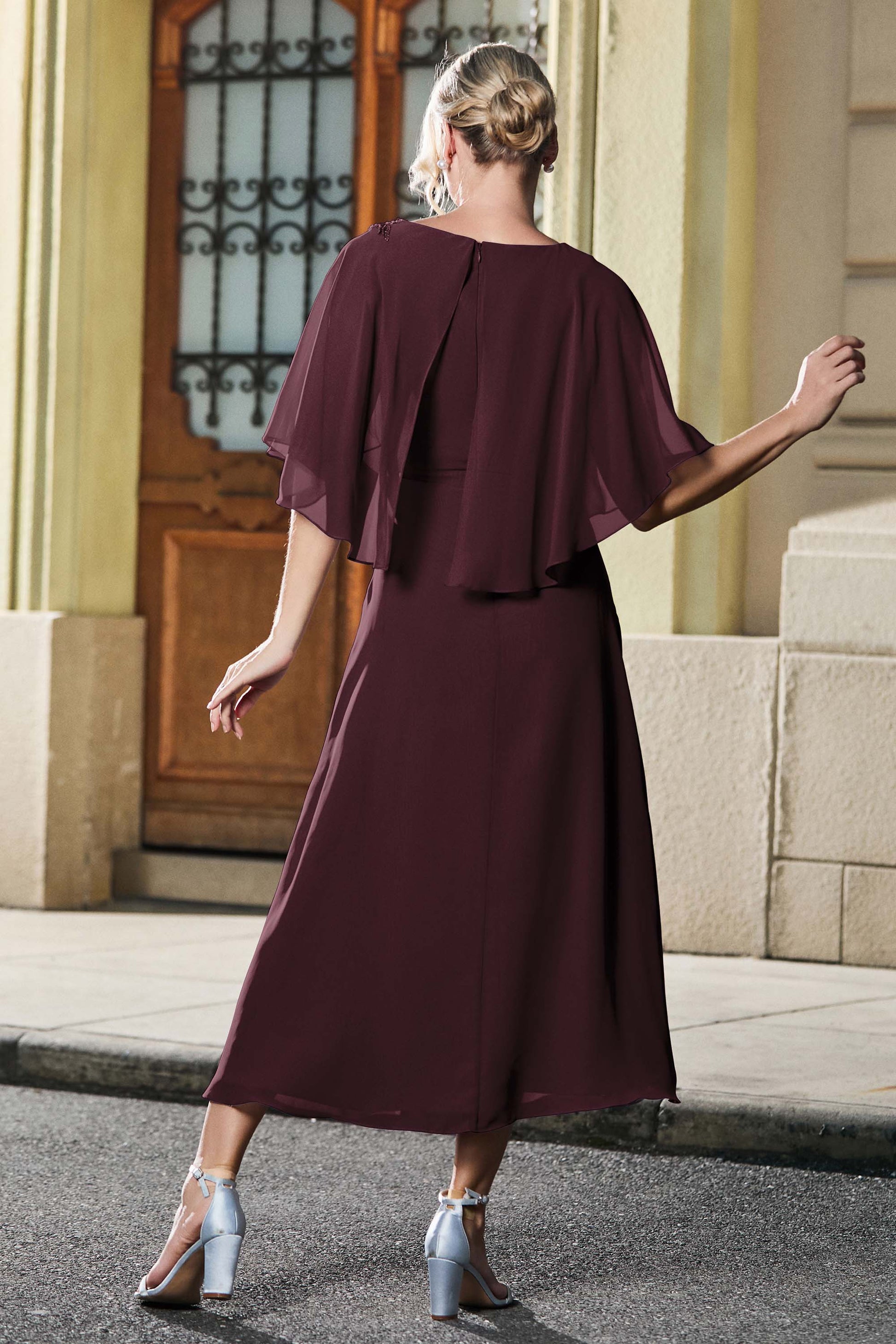 flutter sleeve chiffon dress Wine Sleeves Slit A-line Bridesmaid Gown perfect for any occasion BABARONI Dusty Rose Chiffon Bridesmaid