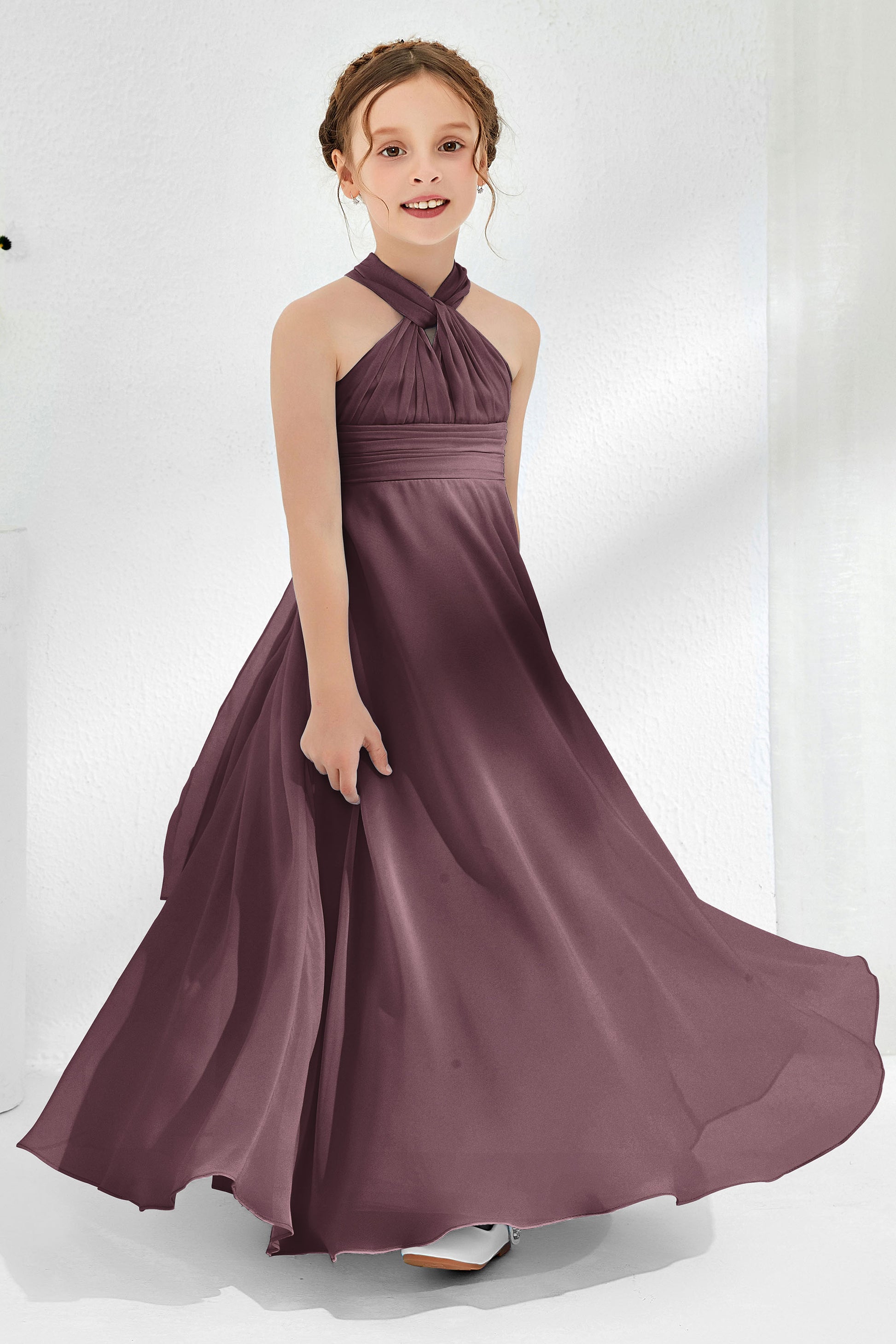 Duntery Halter Chiffon A-Line Junior Bridesmaid Dress With Bow, Cabernet Duntery Halter Chiffon A-Line Junior Bridesmaid Dress With Bow, Cabernet