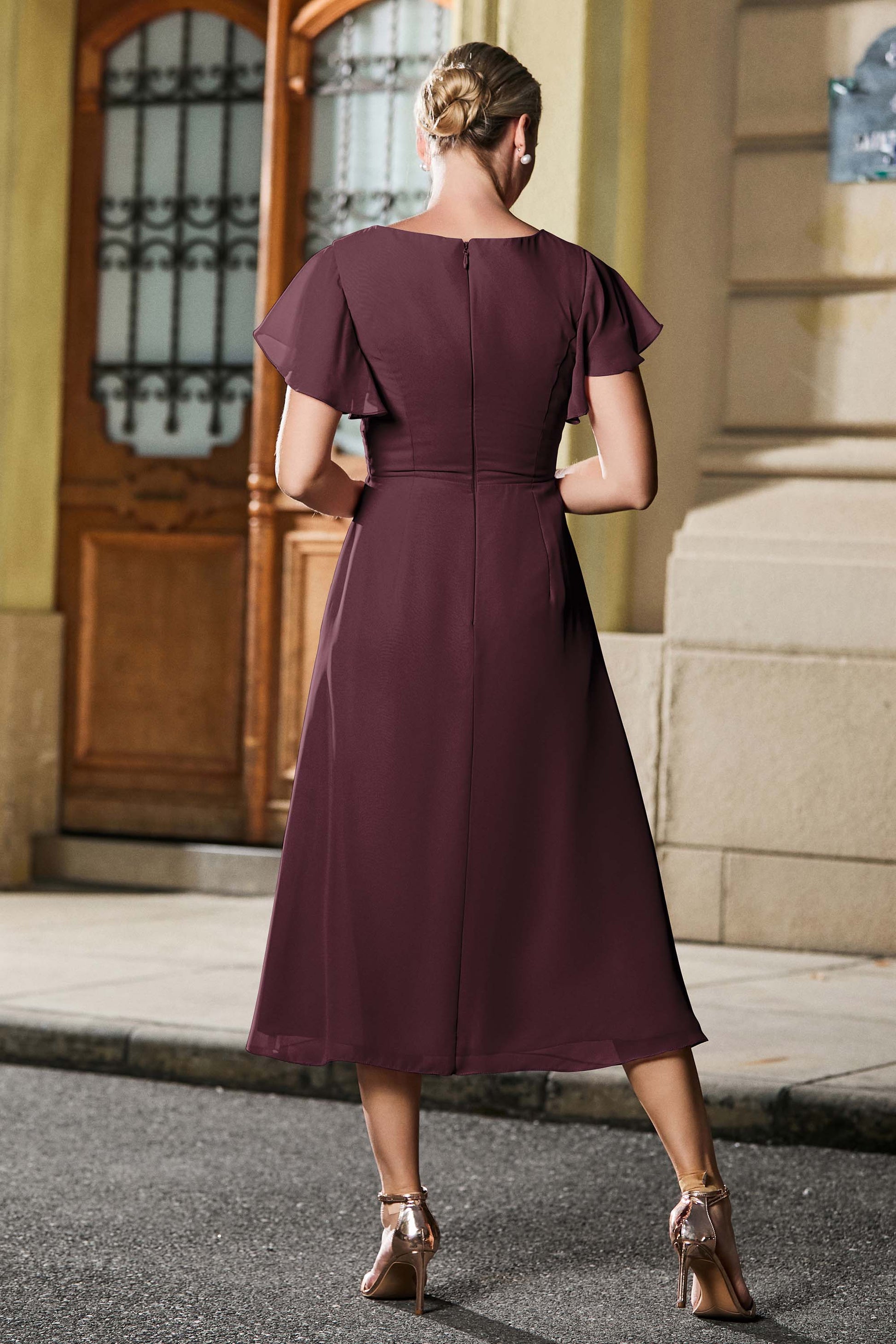 purple chiffon tea length dress Stacees Tea-Length Chiffon Mother of the Bride or Groom Dress with Flutter Sleeves Pleats