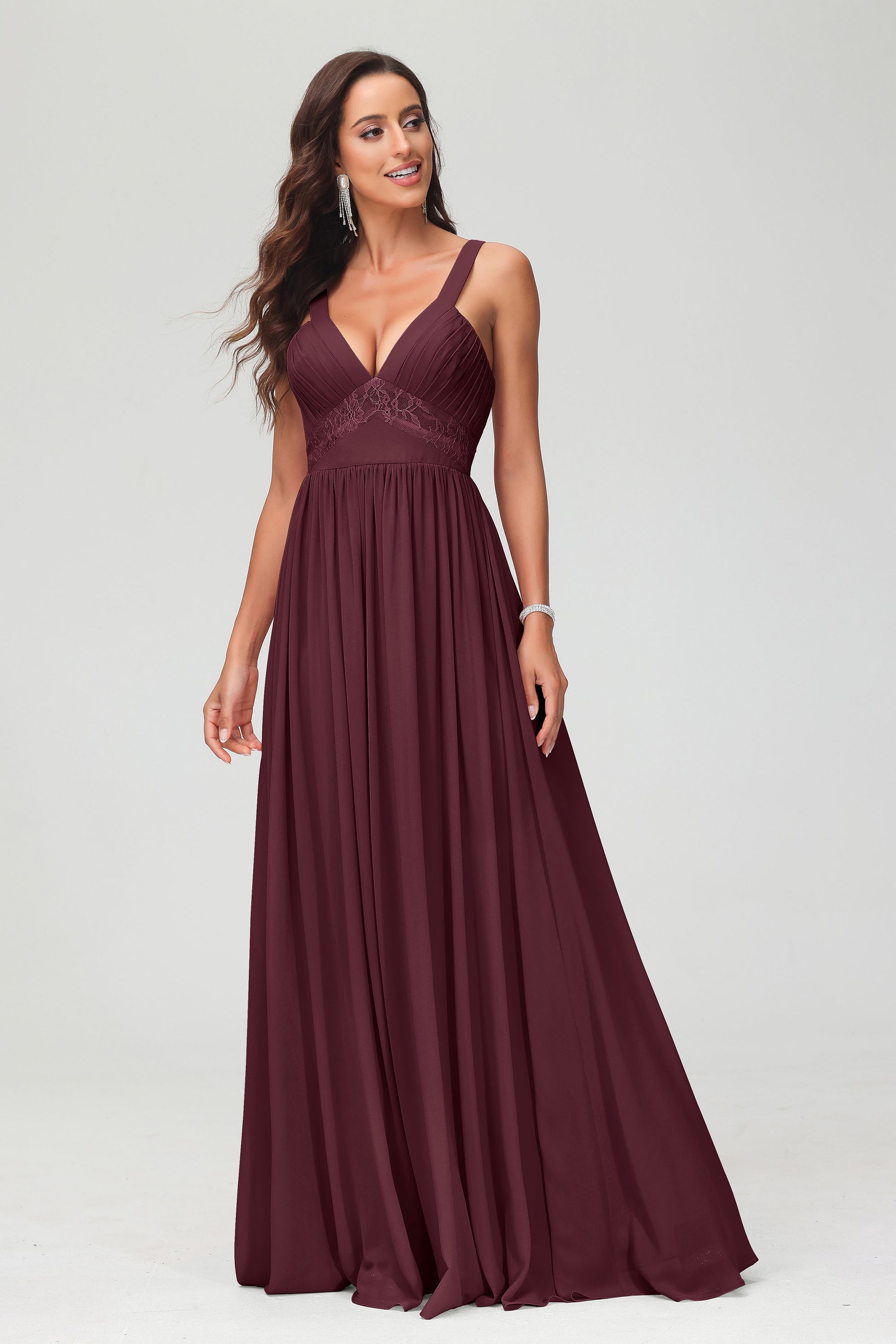 Duntery Sexy V-Neck Pleated A-Line Chiffon Floor-Length Dress, Terracotta Duntery Sexy V-Neck Pleated A-Line Chiffon Floor-Length Dress, Terracotta