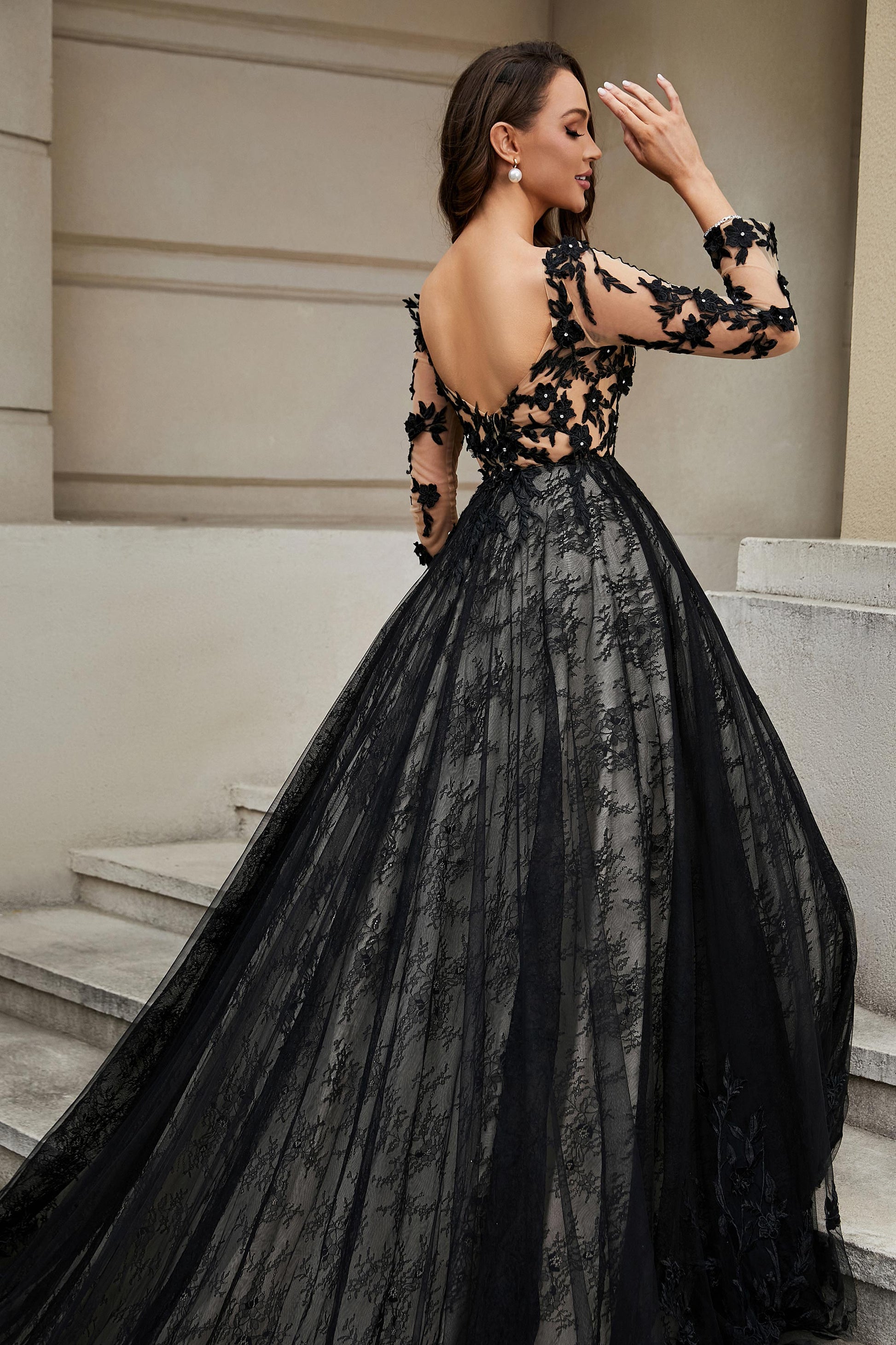 Duntery Lace Applique Chapel Train Wedding Dress, Black Duntery Lace Applique Chapel Train Wedding Dress, Black
