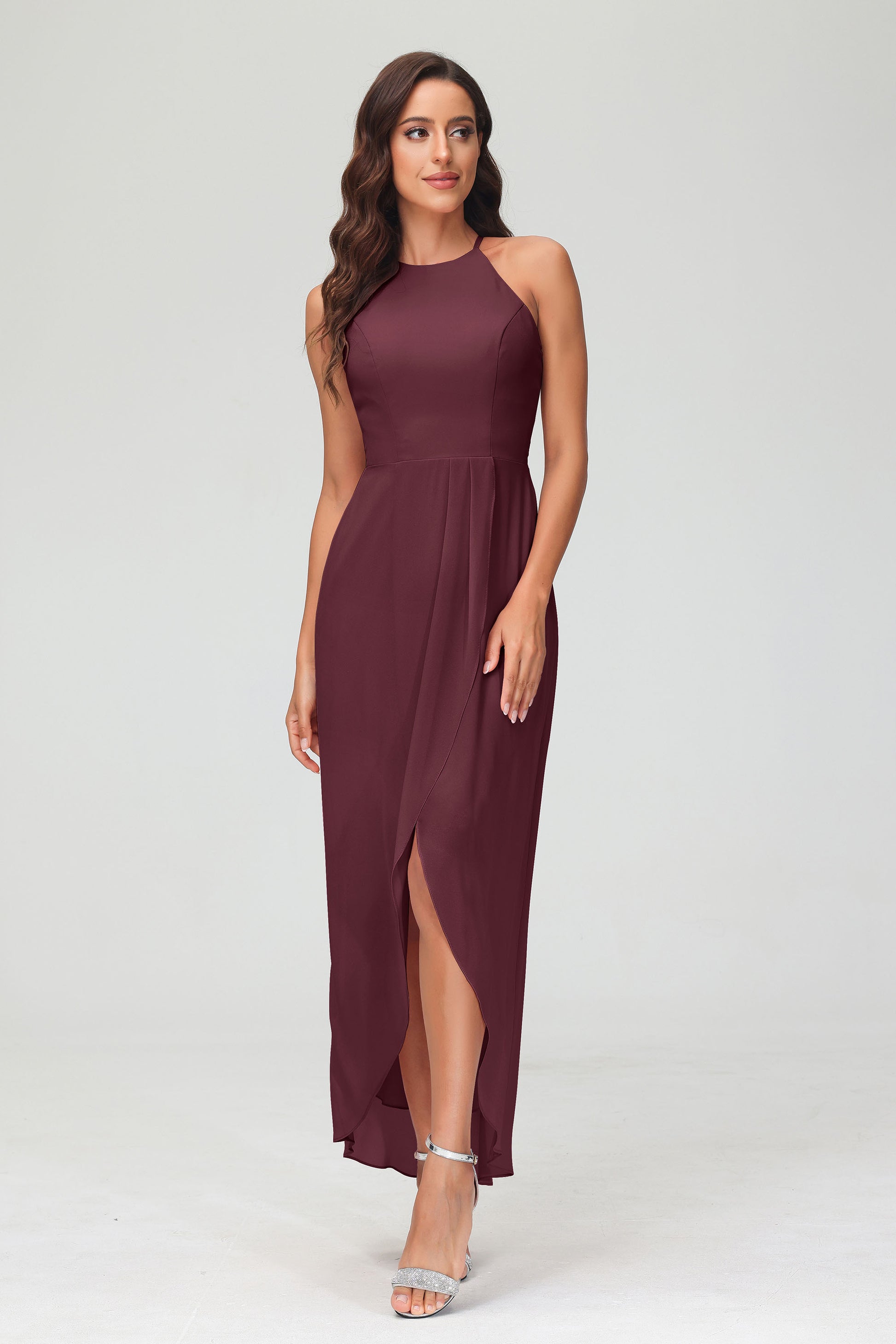 Halter Chiffon Sheath Asymmetrical Bridesmaid Dress DUNTERY Halter Chiffon Sheath Asymmetrical Bridesmaid Dress DUNTERY