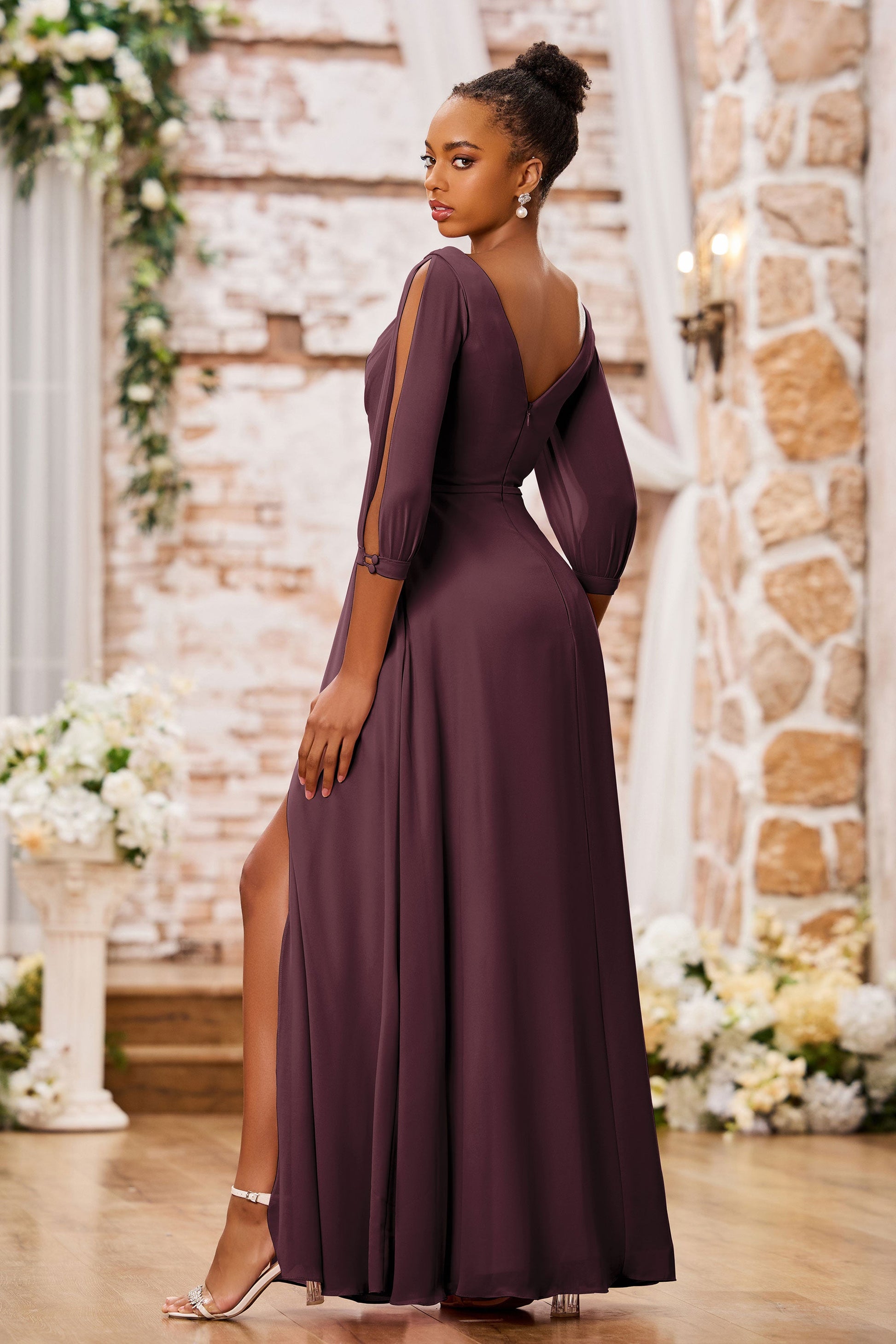 Duntery 3/4 Sleeves V-Neck Chiffon Long Dresses with Slit, Champagne Duntery 3/4 Sleeves V-Neck Chiffon Long Dresses with Slit, Champagne