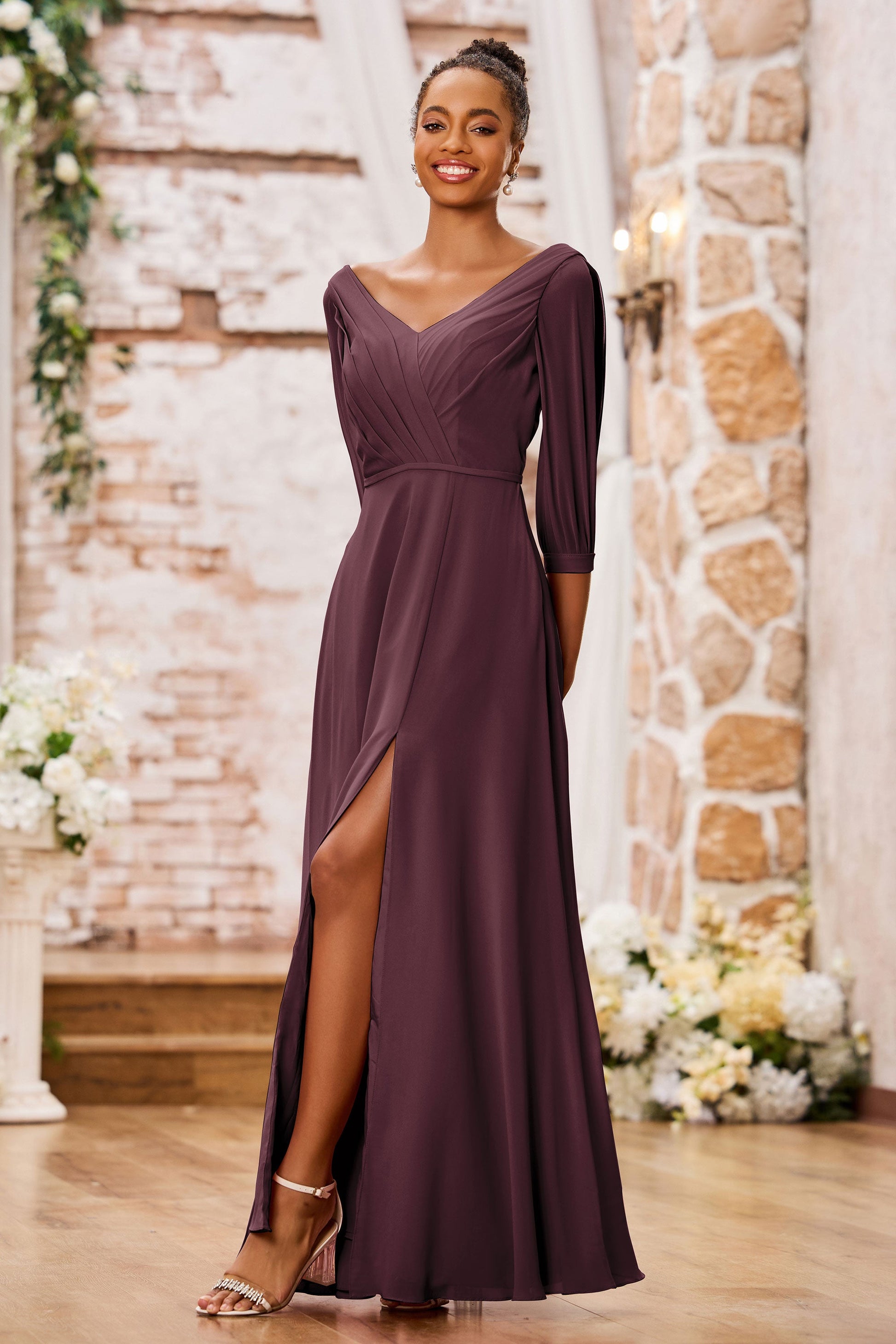 Duntery 3/4 Sleeves V-neck Chiffon Long Dresses With Slit, Champagne Duntery 3/4 Sleeves V-neck Chiffon Long Dresses With Slit, Champagne