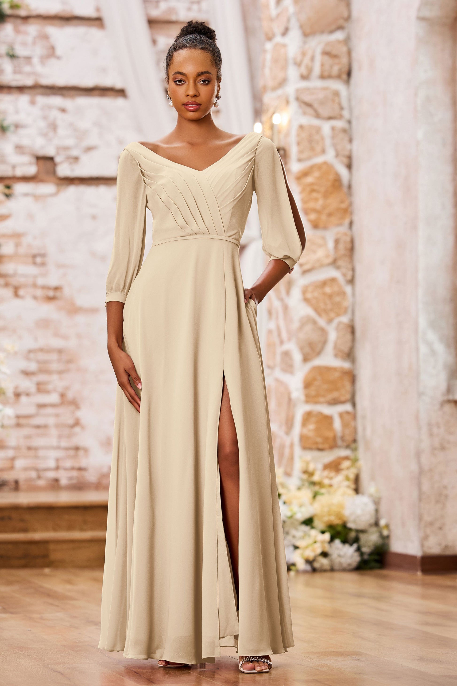 Duntery 3/4 Sleeves V-neck Chiffon Long Dresses With Slit, Candy-Pink Duntery 3/4 Sleeves V-neck Chiffon Long Dresses With Slit, Candy-Pink