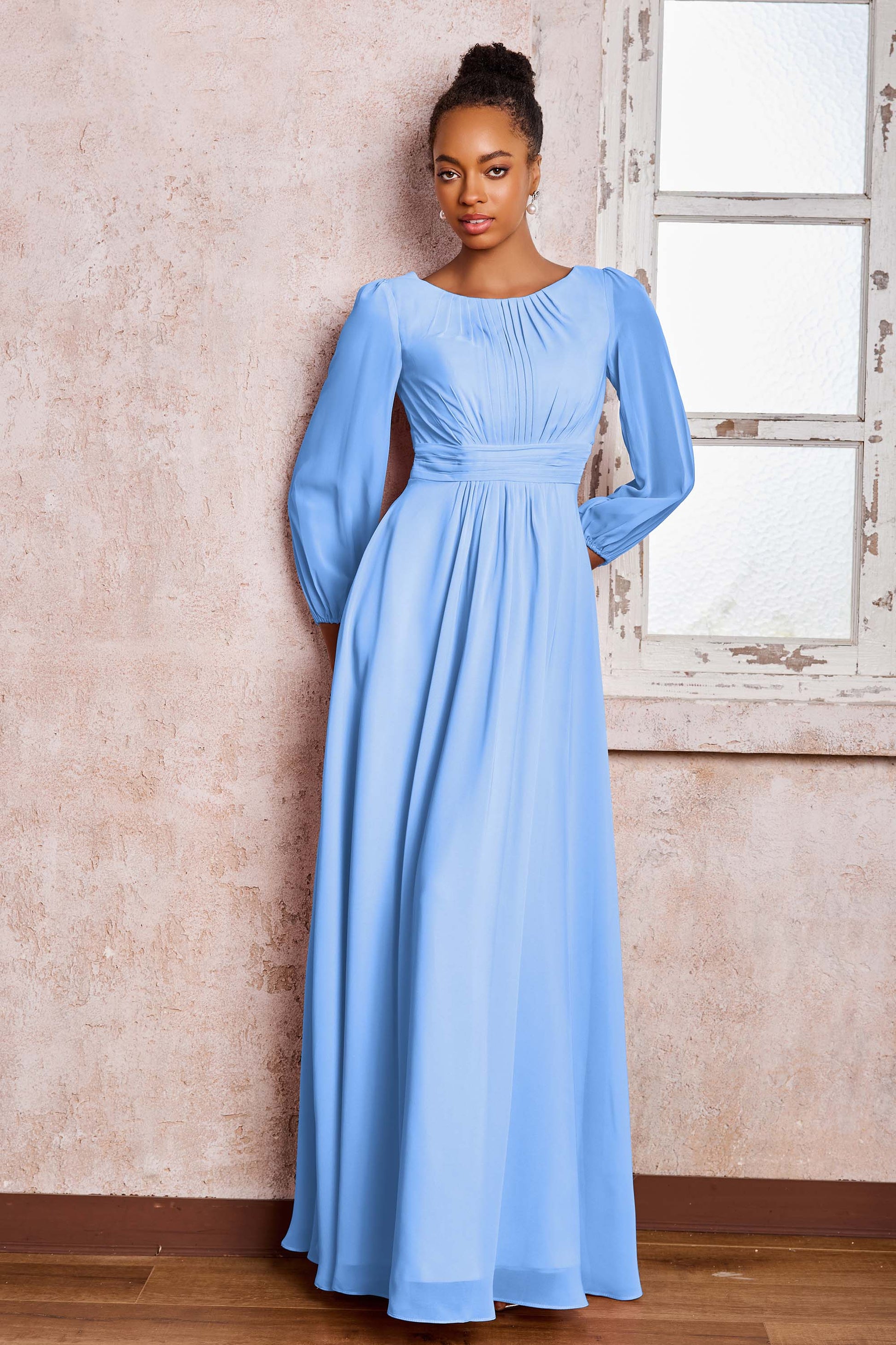 Duntery Long Sleeves Pleated Chiffon A-Line Maxi Bridesmaid Dresses, Sky-Blue Duntery Long Sleeves Pleated Chiffon A-Line Maxi Bridesmaid Dresses, Sky-Blue