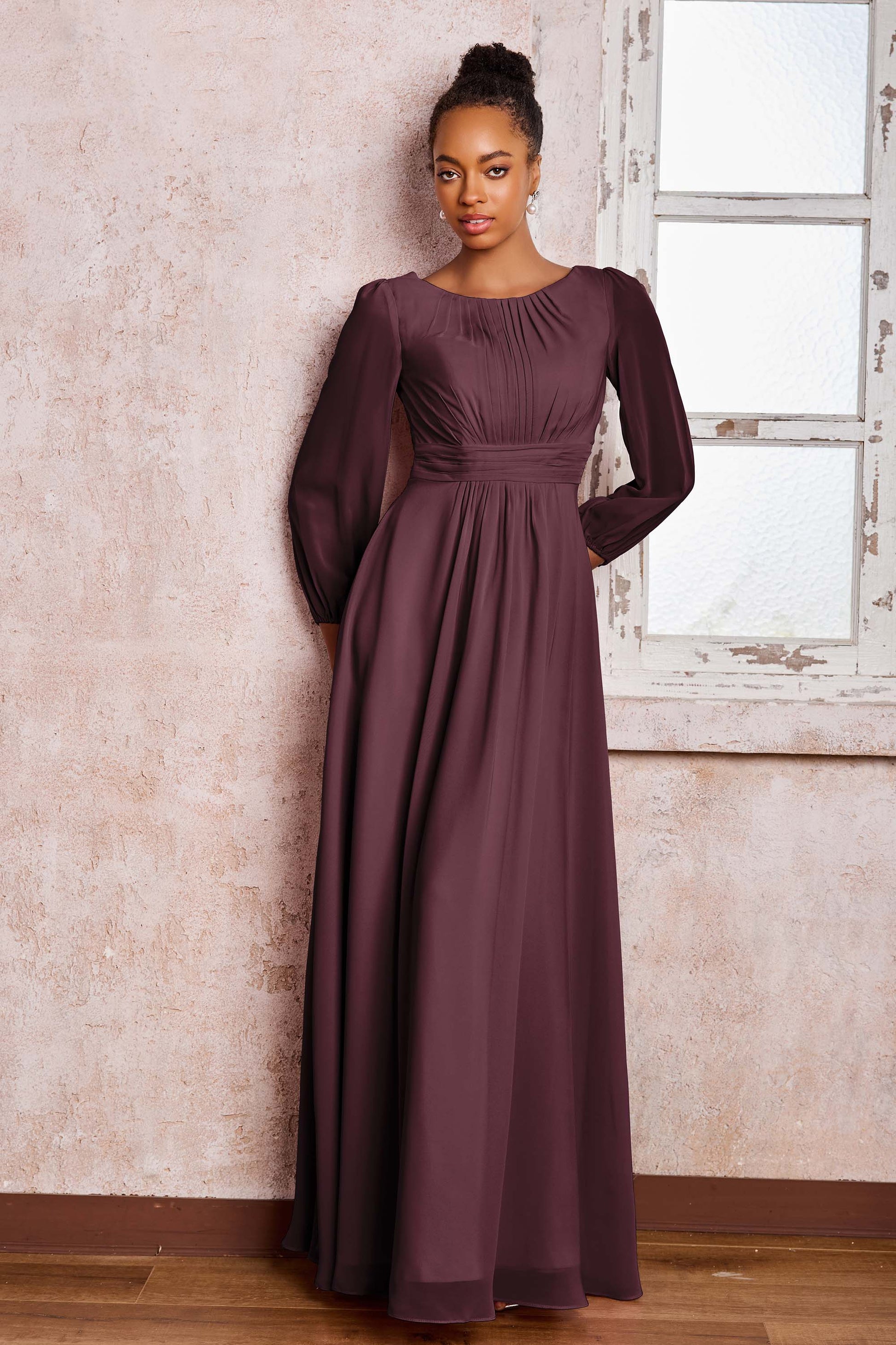 Duntery Bridesmaid Dress Long Sleeves Chiffon A-Line Maxi Dress, Flamingo Duntery Bridesmaid Dress Long Sleeves Chiffon A-Line Maxi Dress, Flamingo