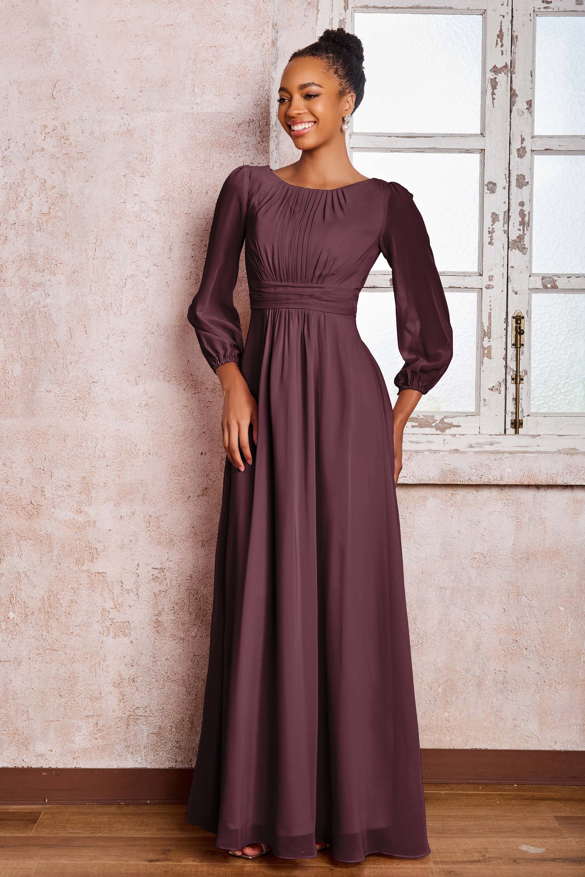 Duntery Bridesmaid Dress Long Sleeves Chiffon A-Line Maxi Dress, Flamingo Duntery Bridesmaid Dress Long Sleeves Chiffon A-Line Maxi Dress, Flamingo