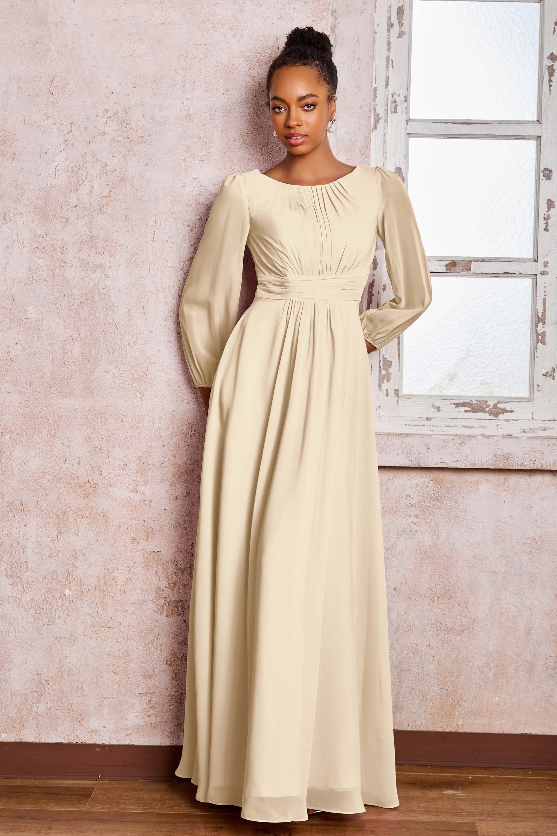 Duntery Bridesmaid Dress Long Sleeves Chiffon A-Line Maxi Dress, Silver Duntery Bridesmaid Dress Long Sleeves Chiffon A-Line Maxi Dress, Silver