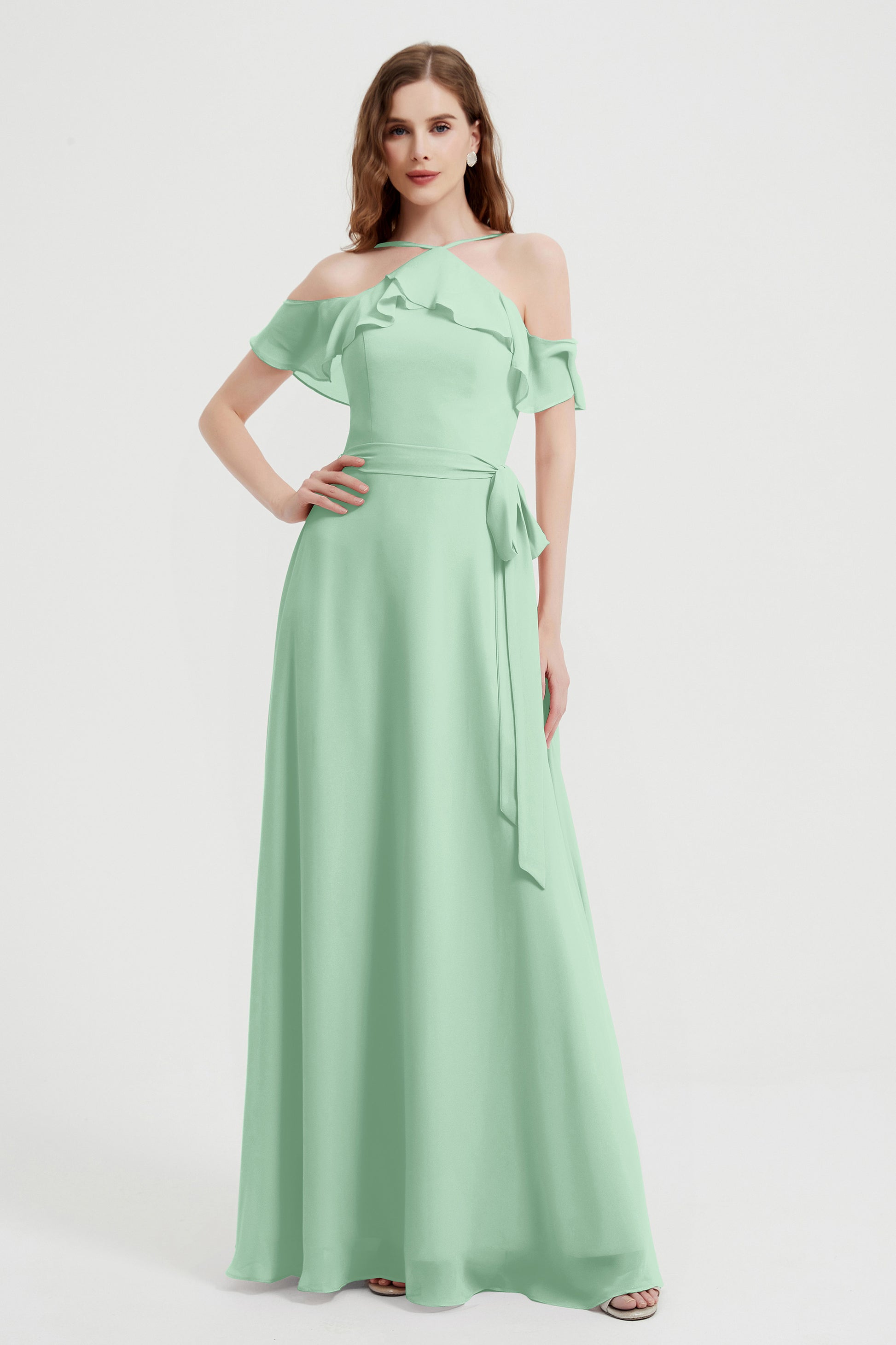 Duntery Maxi Bridesmaid Dress with Halter Neck Flutter Sleeves Ruffles, Dusty-Sage Duntery Maxi Bridesmaid Dress with Halter Neck Flutter Sleeves Ruffles, Dusty-Sage