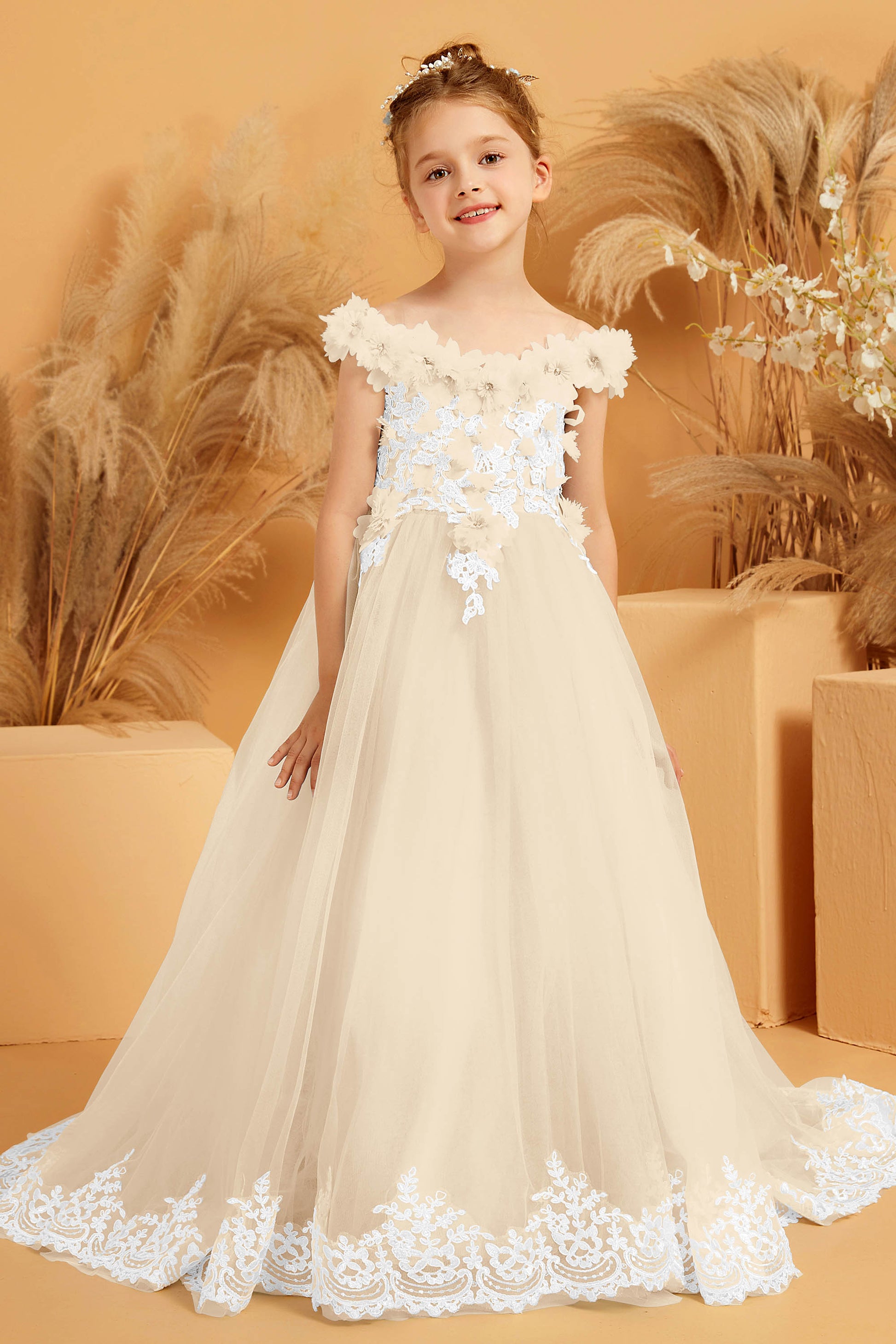 Applique Tulle Off Shoulder Flower Girl Dress – DUNTERY