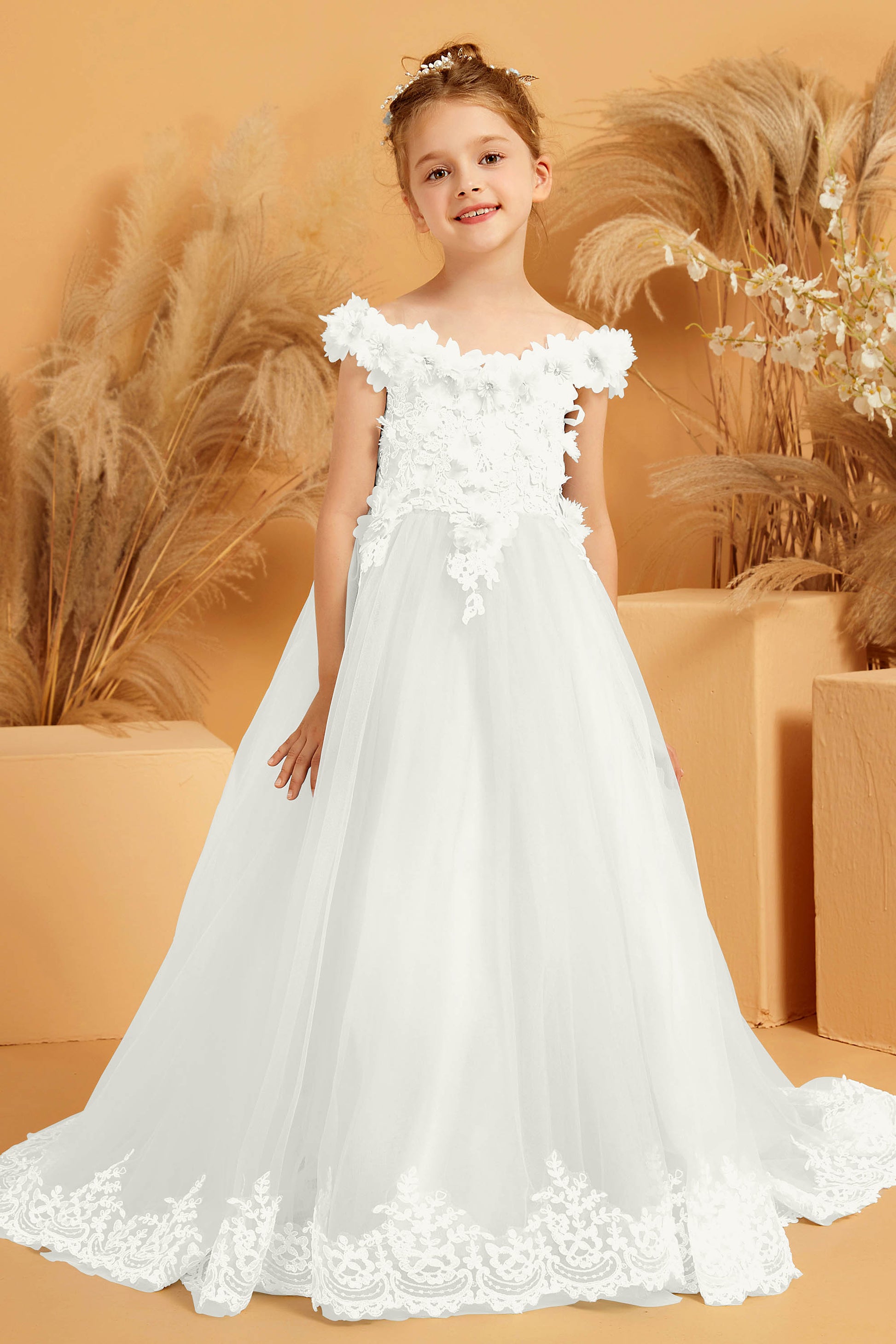 Off Shoulder Cream Colored Flower Girl Dresses Off Shoulder Ivory Lace Tulle Horsehair Wedding Flower Girl Off Shoulder Cream Colored Flower Girl Dresses Off Shoulder Ivory Lace Tulle Horsehair Wedding Flower Girl