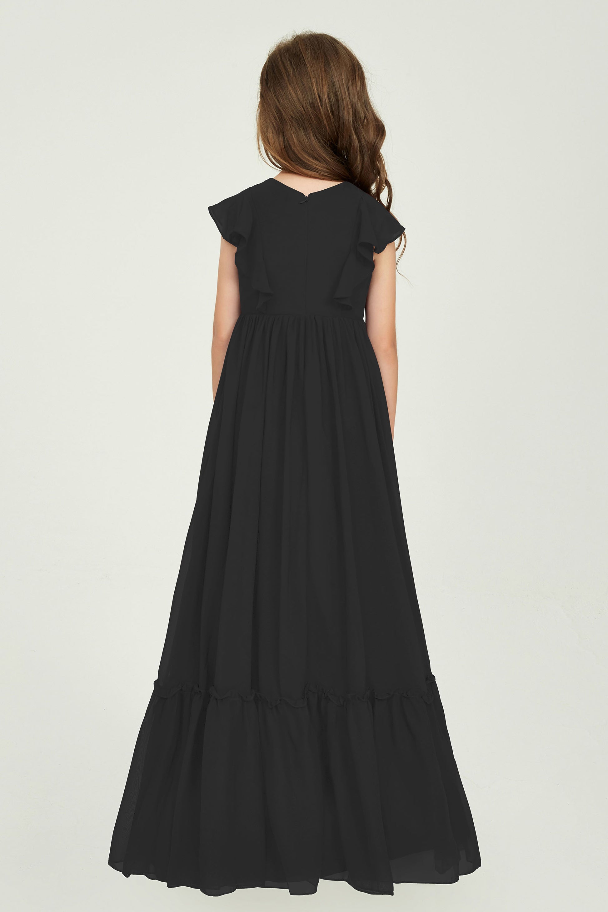 Duntery A-Line Chiffon Junior Bridesmaid Dress Floor Length Flutter Sleeves, Black Duntery A-Line Chiffon Junior Bridesmaid Dress Floor Length Flutter Sleeves, Black