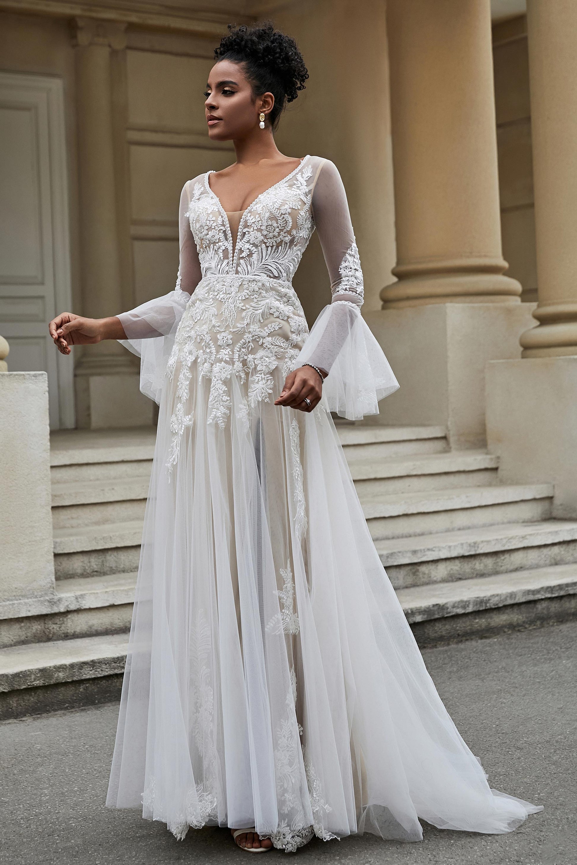 tulle wedding dress sleeves Duntery Long Sleeves Tulle Applique Wedding Dress, As Picture