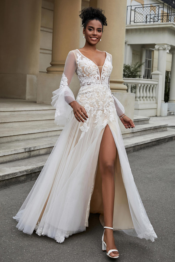 Long Sleeves Tulle Dresses with Appliqued Papaya