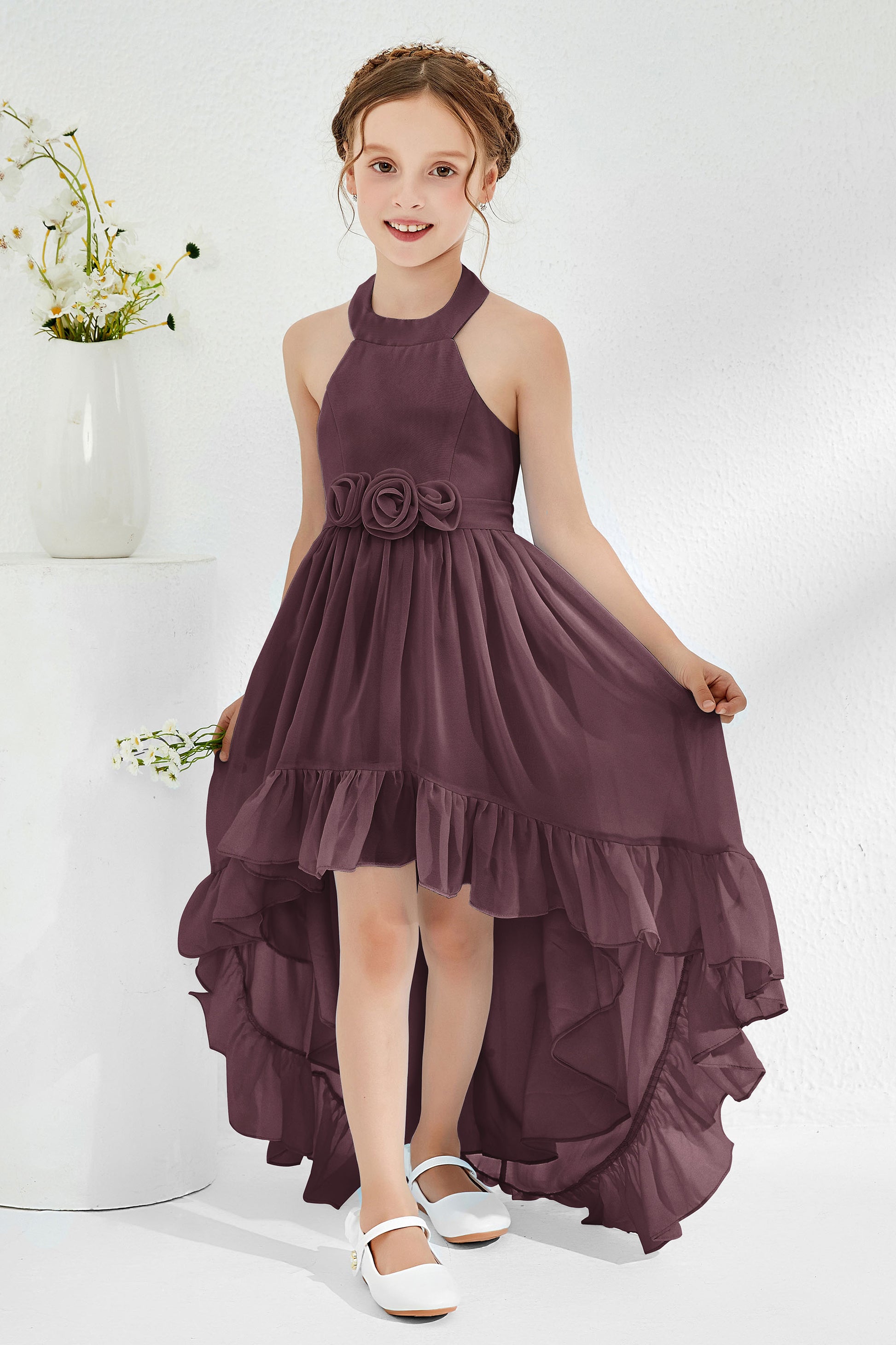 Duntery Halter Neck Asymmetrical Chiffon Junior Bridesmaid Dress, Cinnamon-Rose Duntery Halter Neck Asymmetrical Chiffon Junior Bridesmaid Dress, Cinnamon-Rose