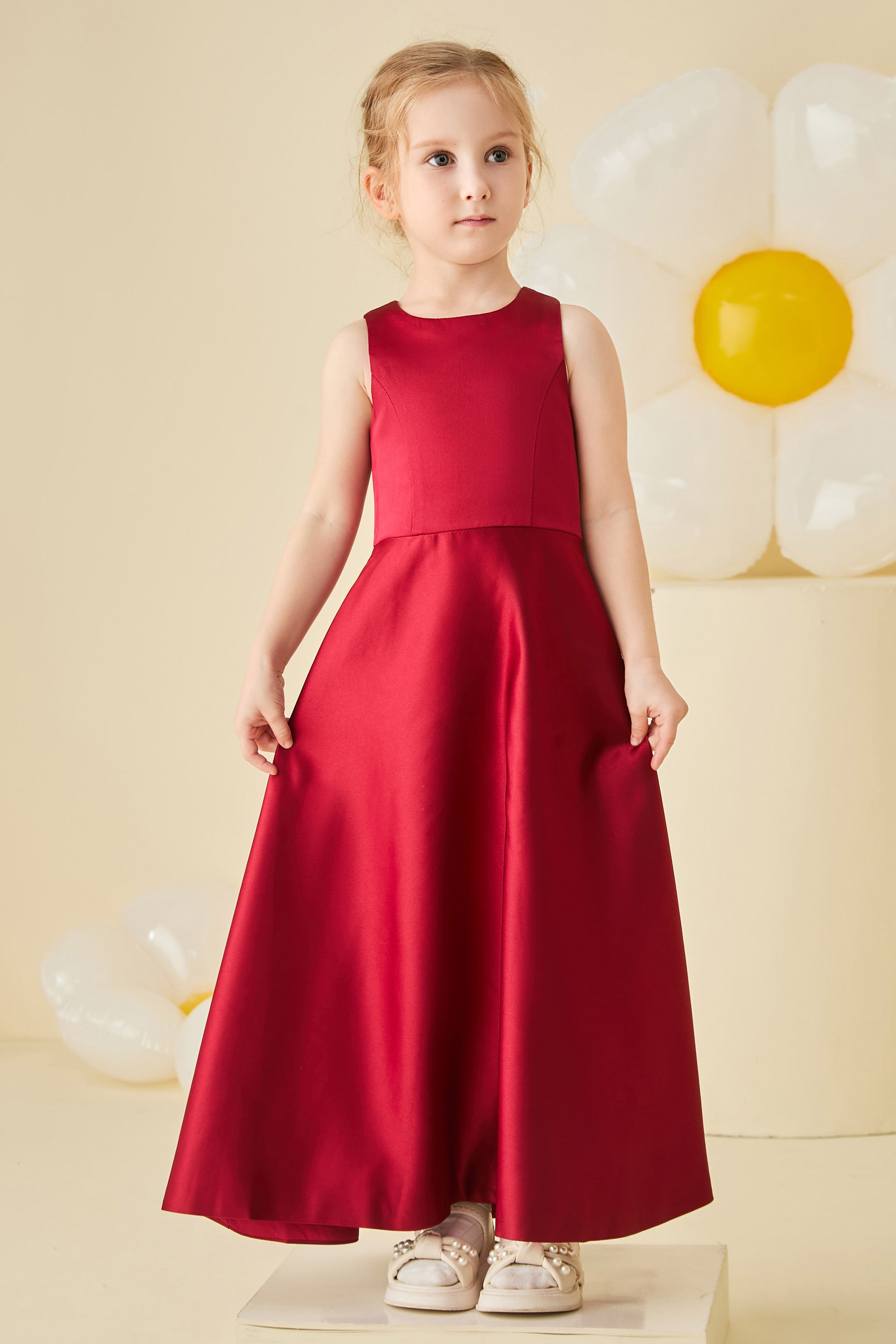 Duntery Jewel A-Line Satin Junior Bridesmaid Dress, Burgundy Duntery Jewel A-Line Satin Junior Bridesmaid Dress, Burgundy
