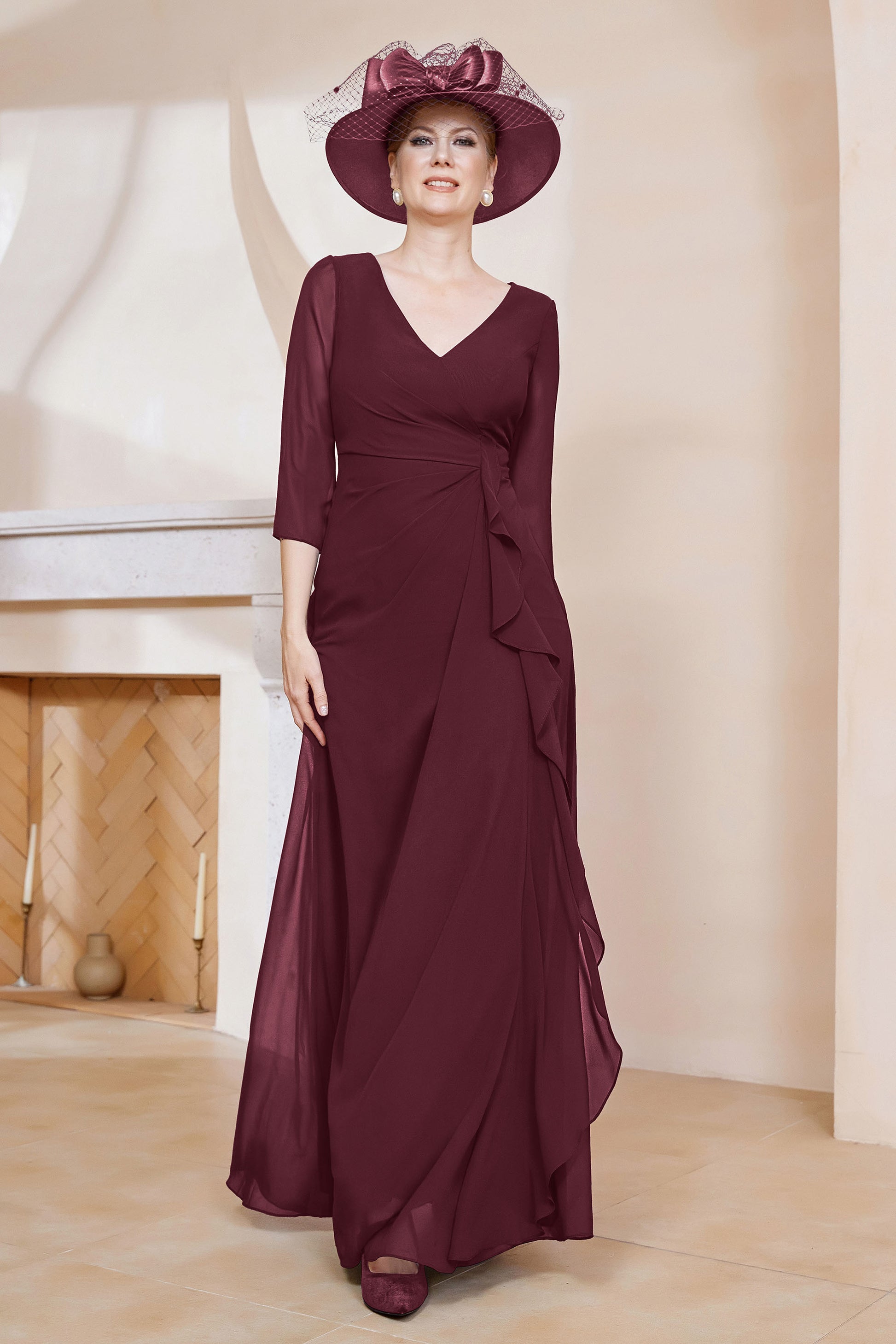 Ruffles V-neck Chiffon Long Dress – DUNTERY
