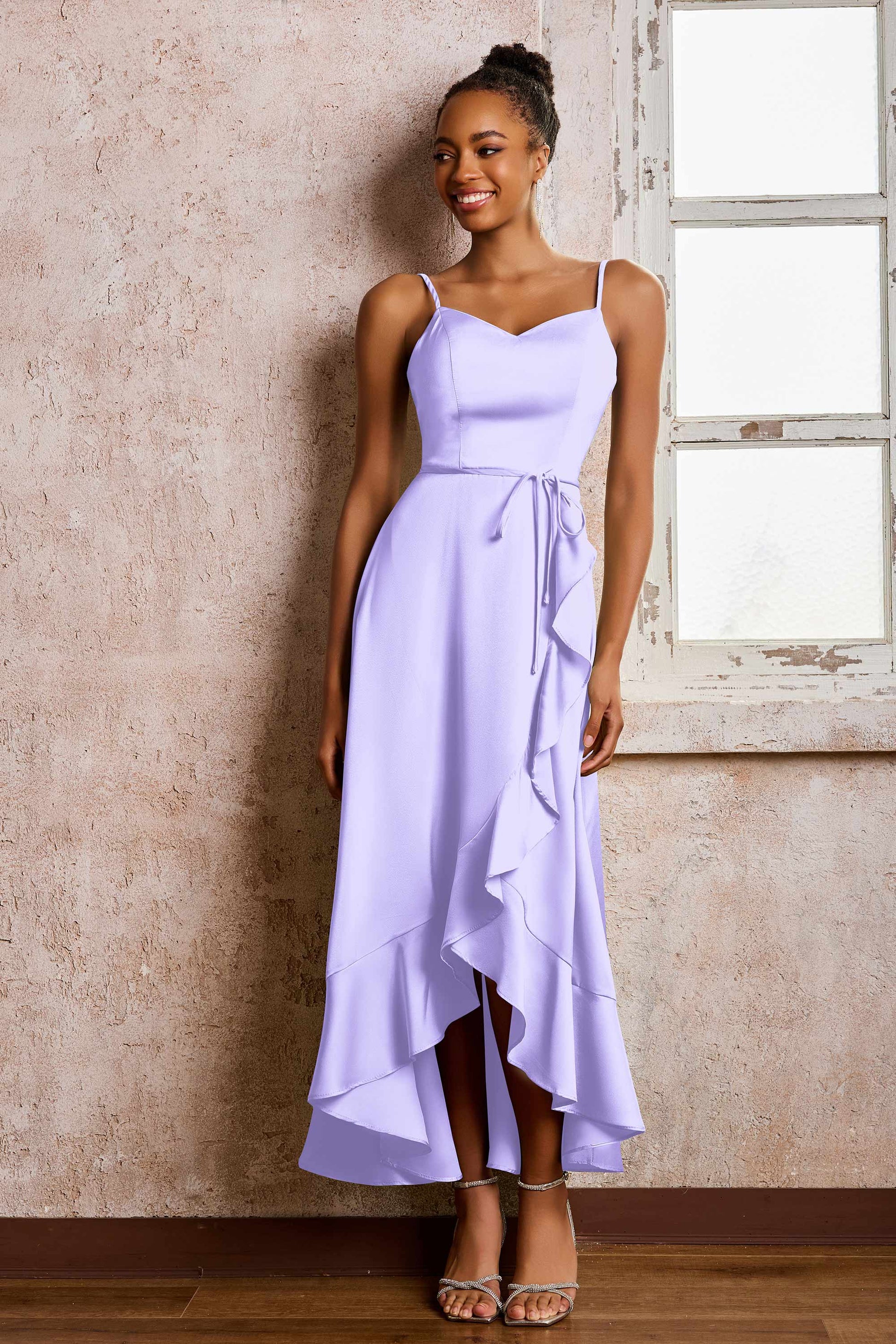 Duntery Bridesmaid Dress Ruffles Spaghetti Straps A-Line Asymmetrical Dresses, Lilac Duntery Bridesmaid Dress Ruffles Spaghetti Straps A-Line Asymmetrical Dresses, Lilac