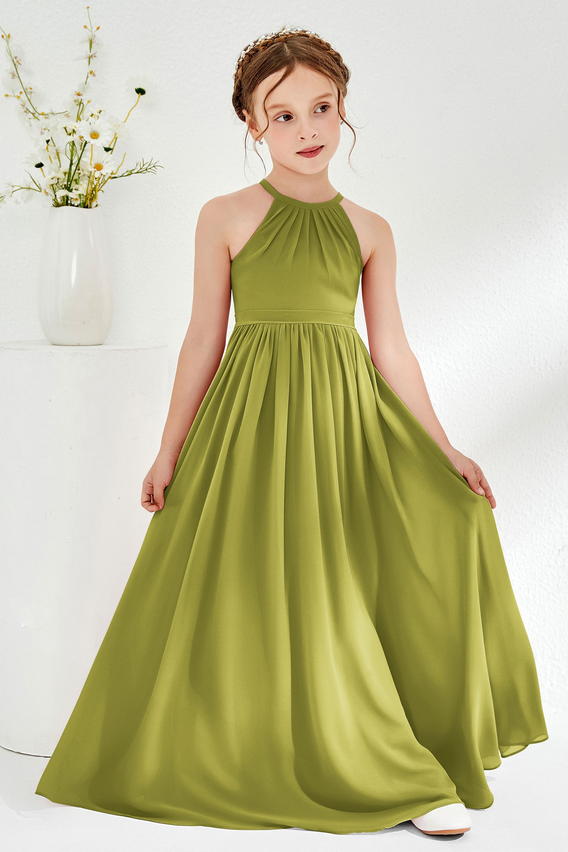 Duntery Sweet Halter Soft Chiffon Junior Bridesmaid Dress, Clover Duntery Sweet Halter Soft Chiffon Junior Bridesmaid Dress, Clover