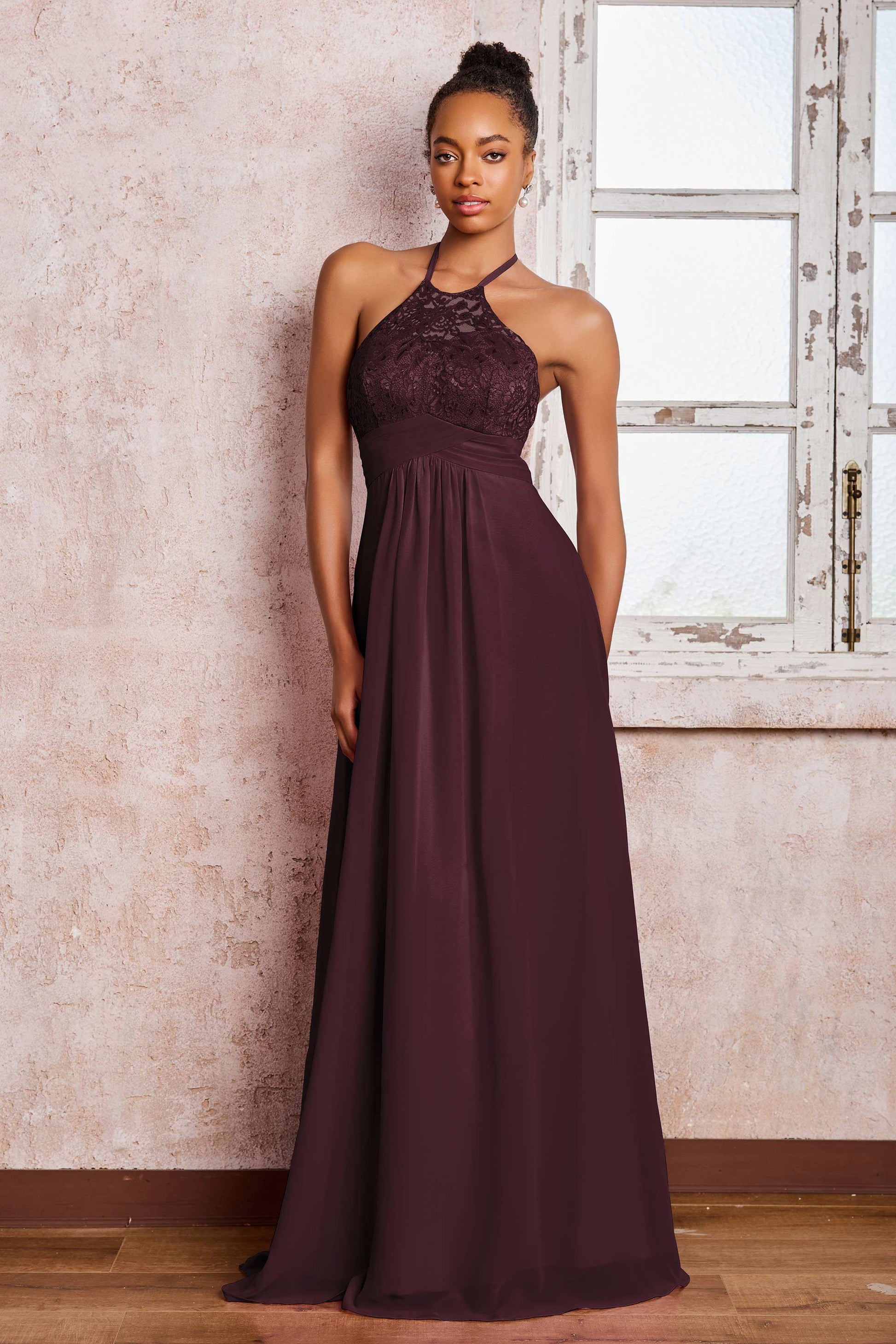 Duntery Lace Top Halter Neckline Chiffon Long Dresses, Sunset Duntery Lace Top Halter Neckline Chiffon Long Dresses, Sunset