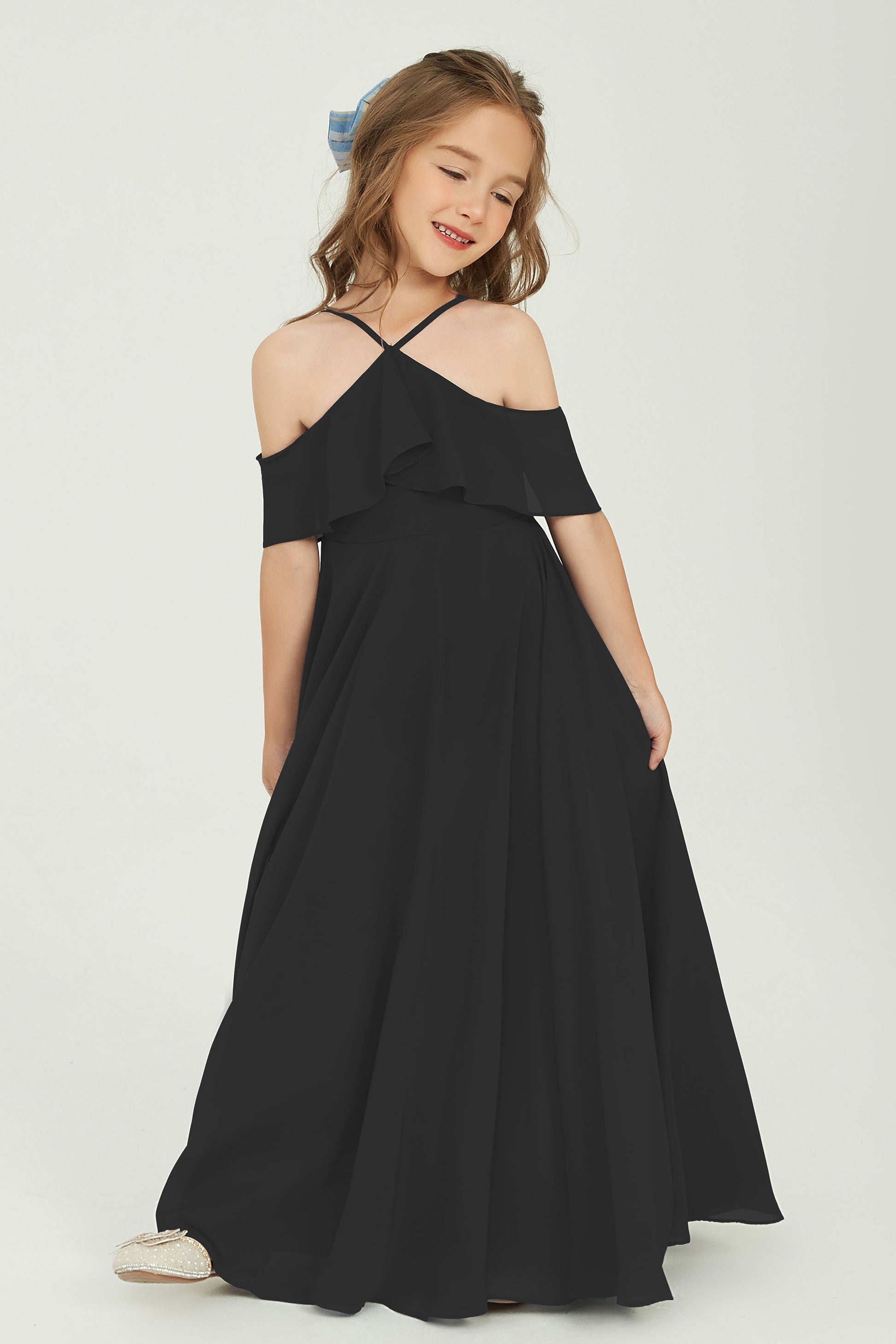 Duntery Long Chiffon Junior Bridesmaid Dress with Flutter Sleeves, Black Duntery Long Chiffon Junior Bridesmaid Dress with Flutter Sleeves, Black