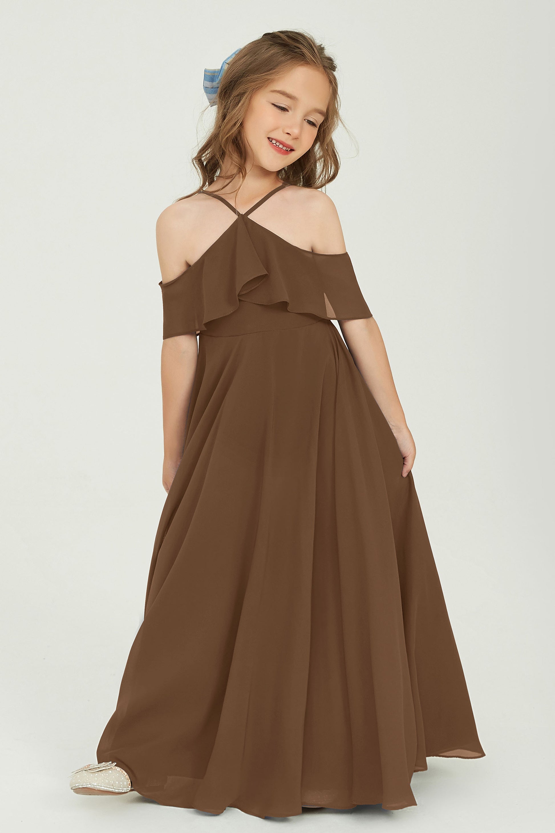 Duntery Long Chiffon Junior Bridesmaid Dress with Flutter Sleeves, Chocolate Duntery Long Chiffon Junior Bridesmaid Dress with Flutter Sleeves, Chocolate