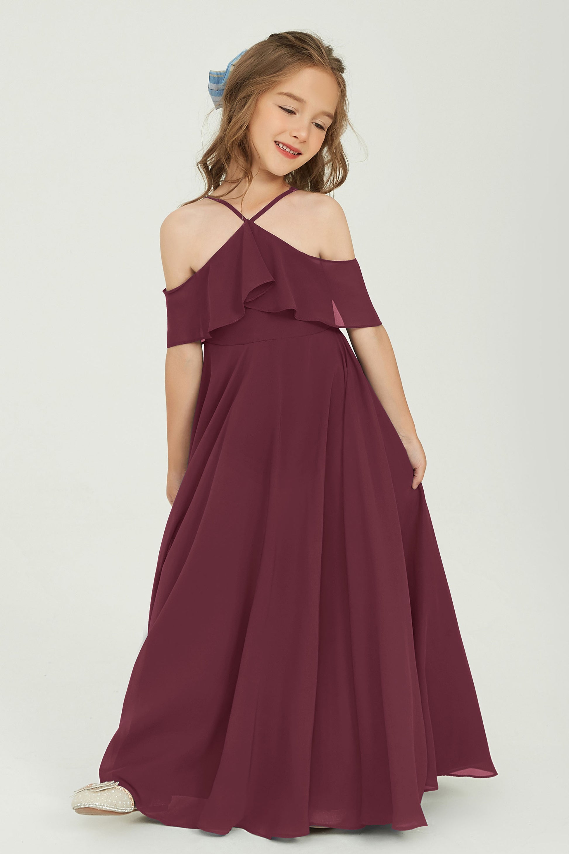 Duntery Off Shoulder Chiffon Junior Bridesmaid Dress With Flutter Sleeves, Terracotta Duntery Off Shoulder Chiffon Junior Bridesmaid Dress With Flutter Sleeves, Terracotta